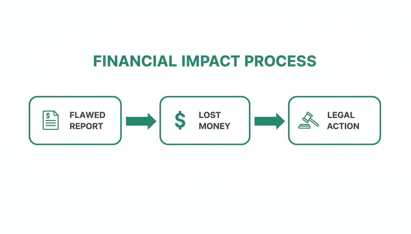 Flowchart illustrating the financial impact process: flawed report, lost money, and legal action.