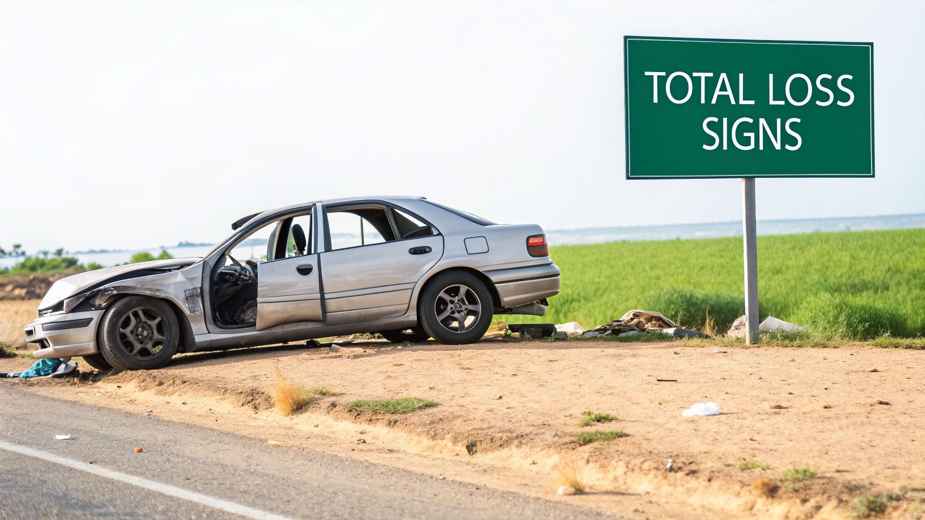 A severely damaged white sedan after a front-end collision, showing extensive damage to the bumper, hood, and engine bay.
