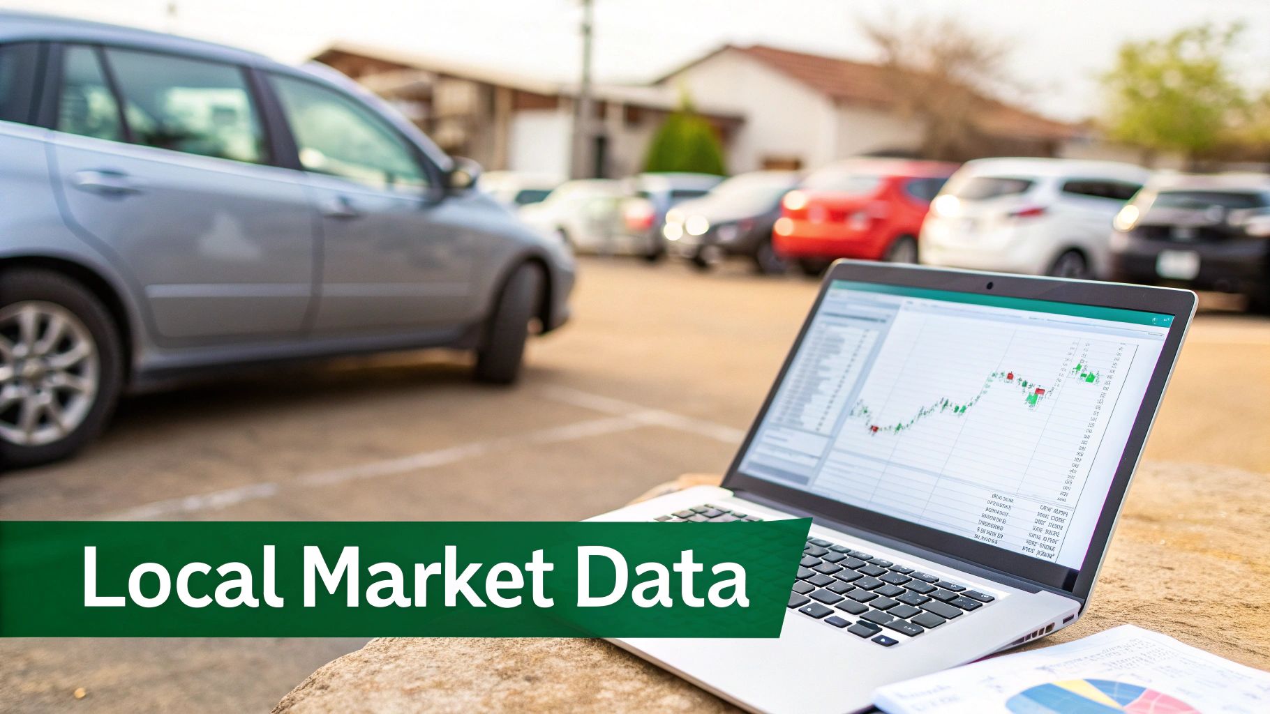 Laptop displaying financial market data charts and documents, with cars in a blurry parking lot background and 'Local Market Data' banner.