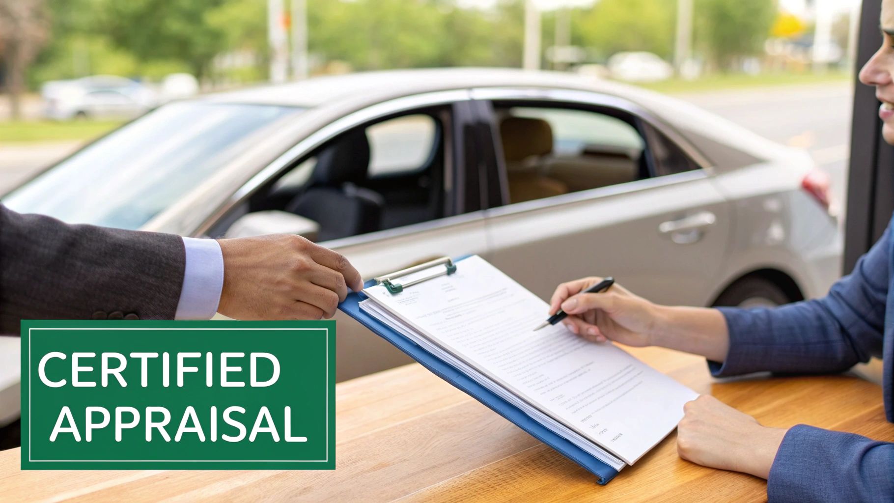 A certified appraisal report being reviewed.