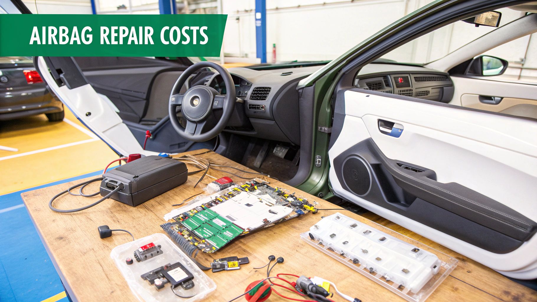 Car interior undergoing airbag repair with electronic components on a workbench in a garage.