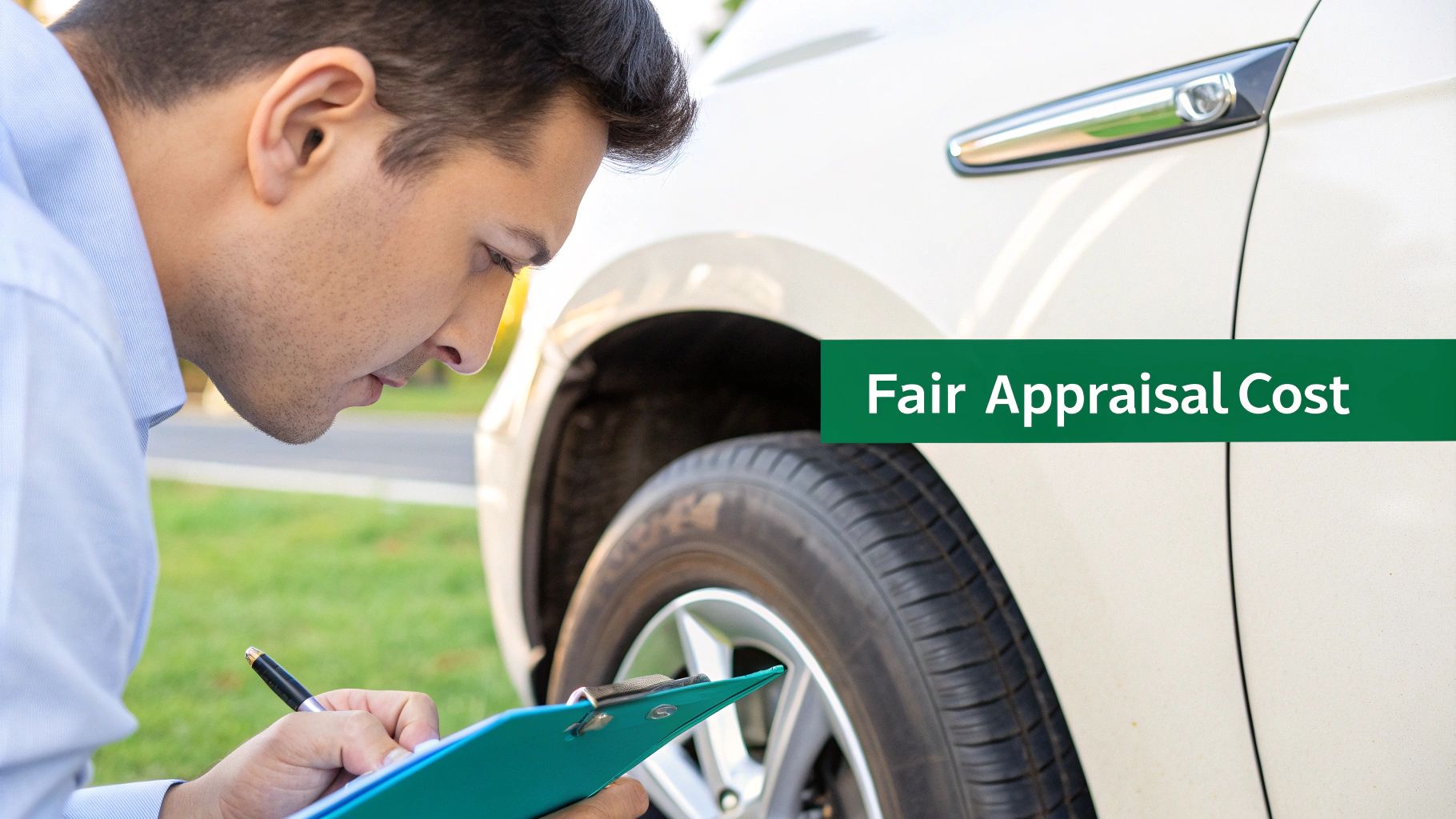 A person inspecting the front of a damaged white car with a clipboard in hand, calculating appraisal costs.