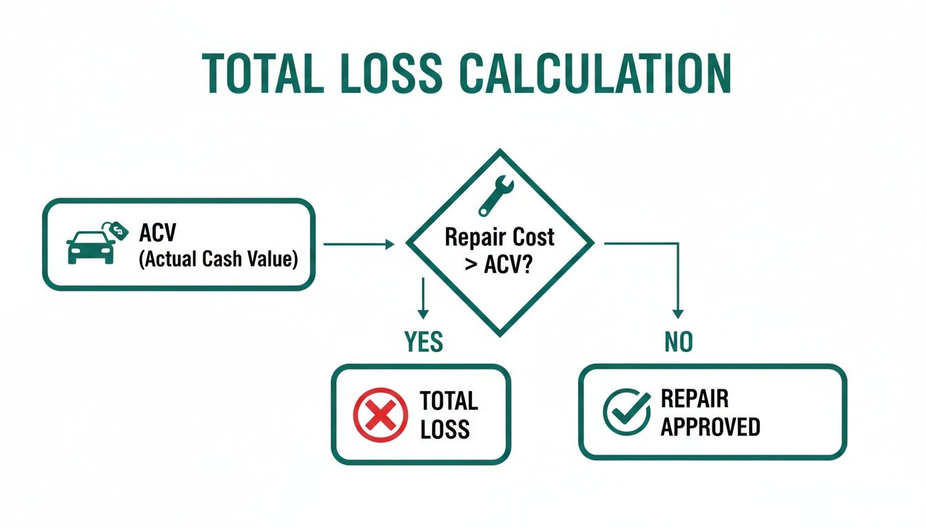 Flowchart illustrating vehicle total loss calculation based on repair cost versus actual cash value (ACV).