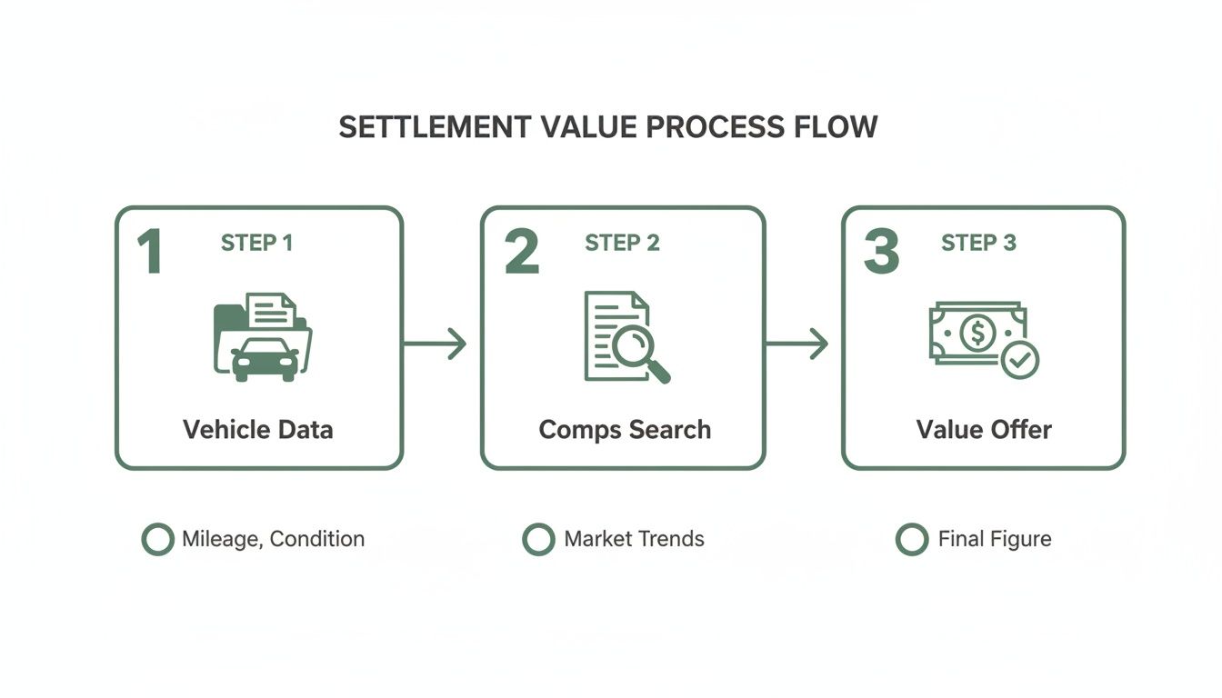 Flowchart outlining the three-step settlement value process for a car, from data collection to final offer.