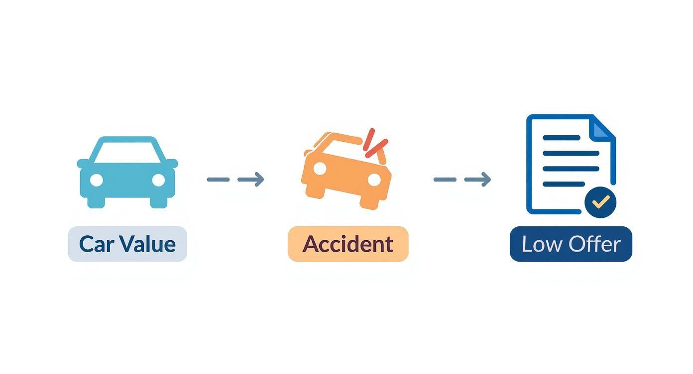 Diagram showing a car's value decreasing after an accident, leading to a low insurance offer.