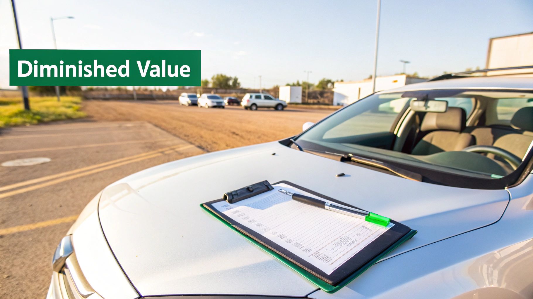 A car being appraised in a modern garage, representing the valuation process for a diminished value claim.