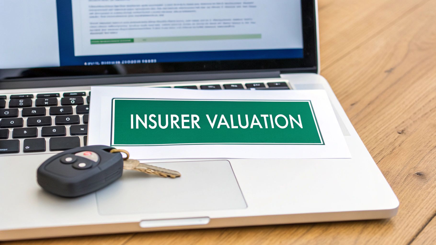 A car key and a paper sign saying 'INSURER VALUATION' placed on a laptop keyboard.