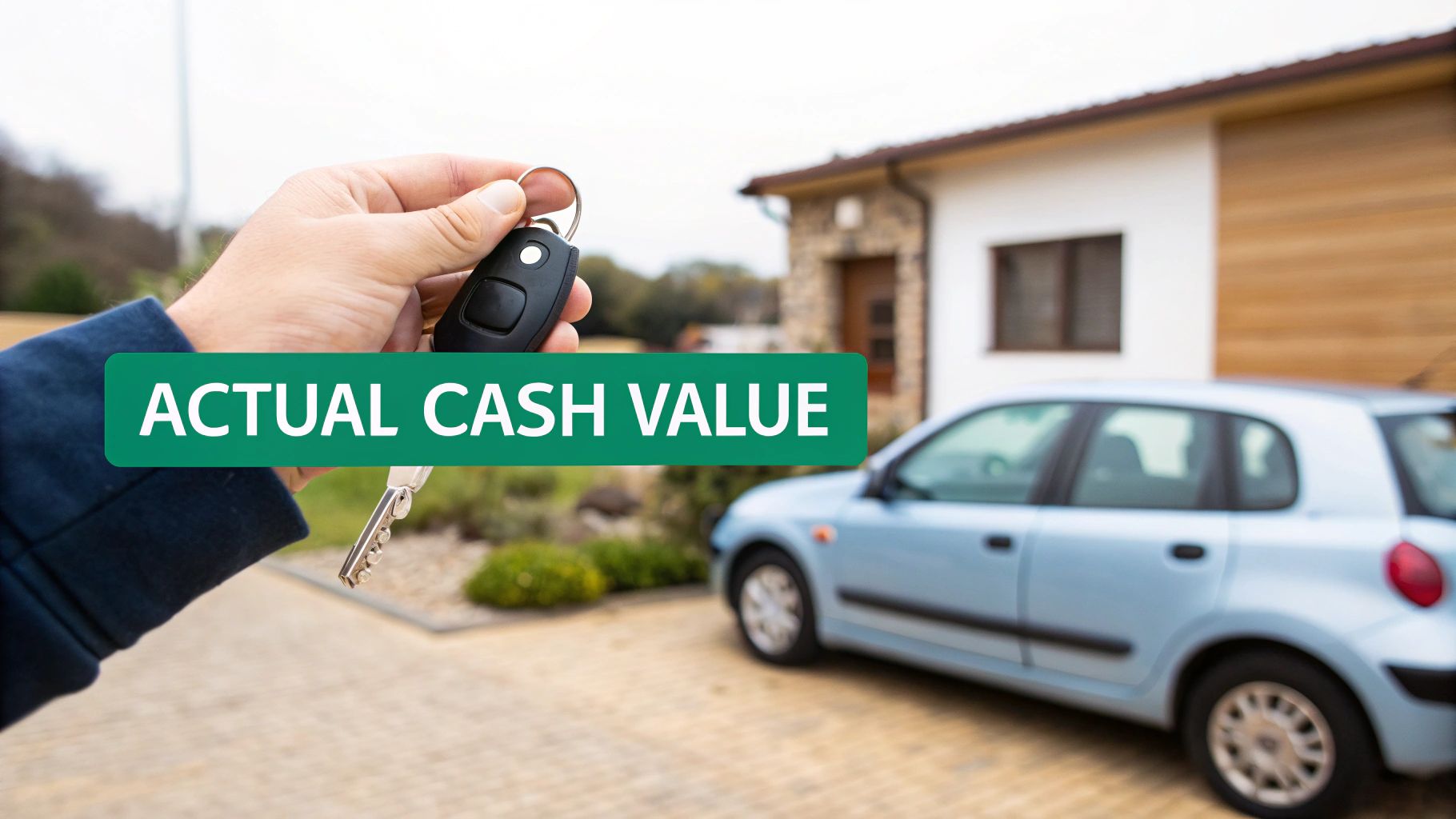 A hand holding car keys, with a green banner displaying 'ACTUAL CASH VALUE' over a blurred background of a house and a light blue car.
