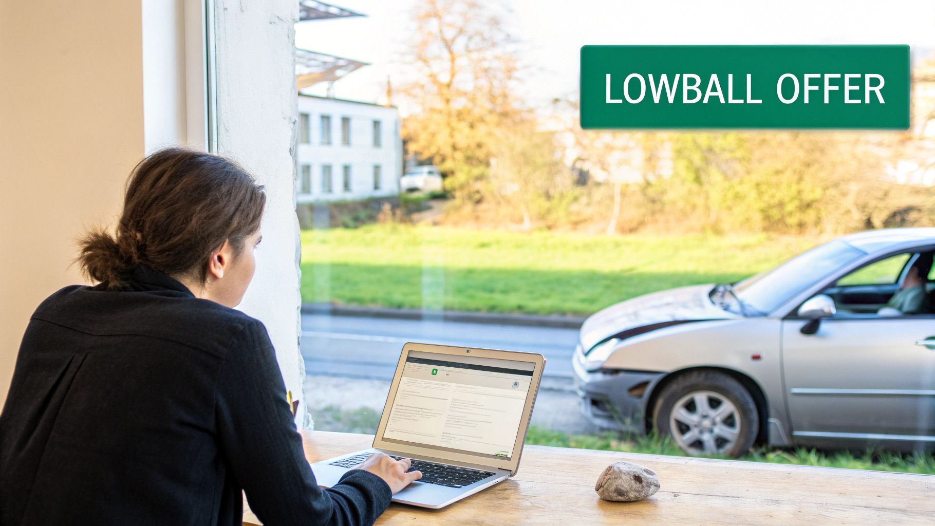 Woman on laptop looking out window at a damaged silver car with a 'LOWBALL OFFER' sign.