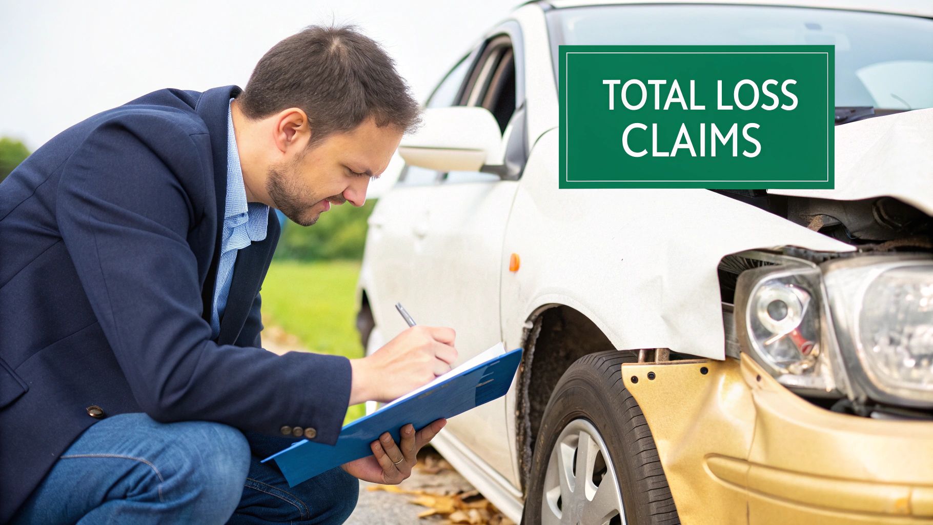 A car being towed away after an accident, symbolizing a total loss scenario.