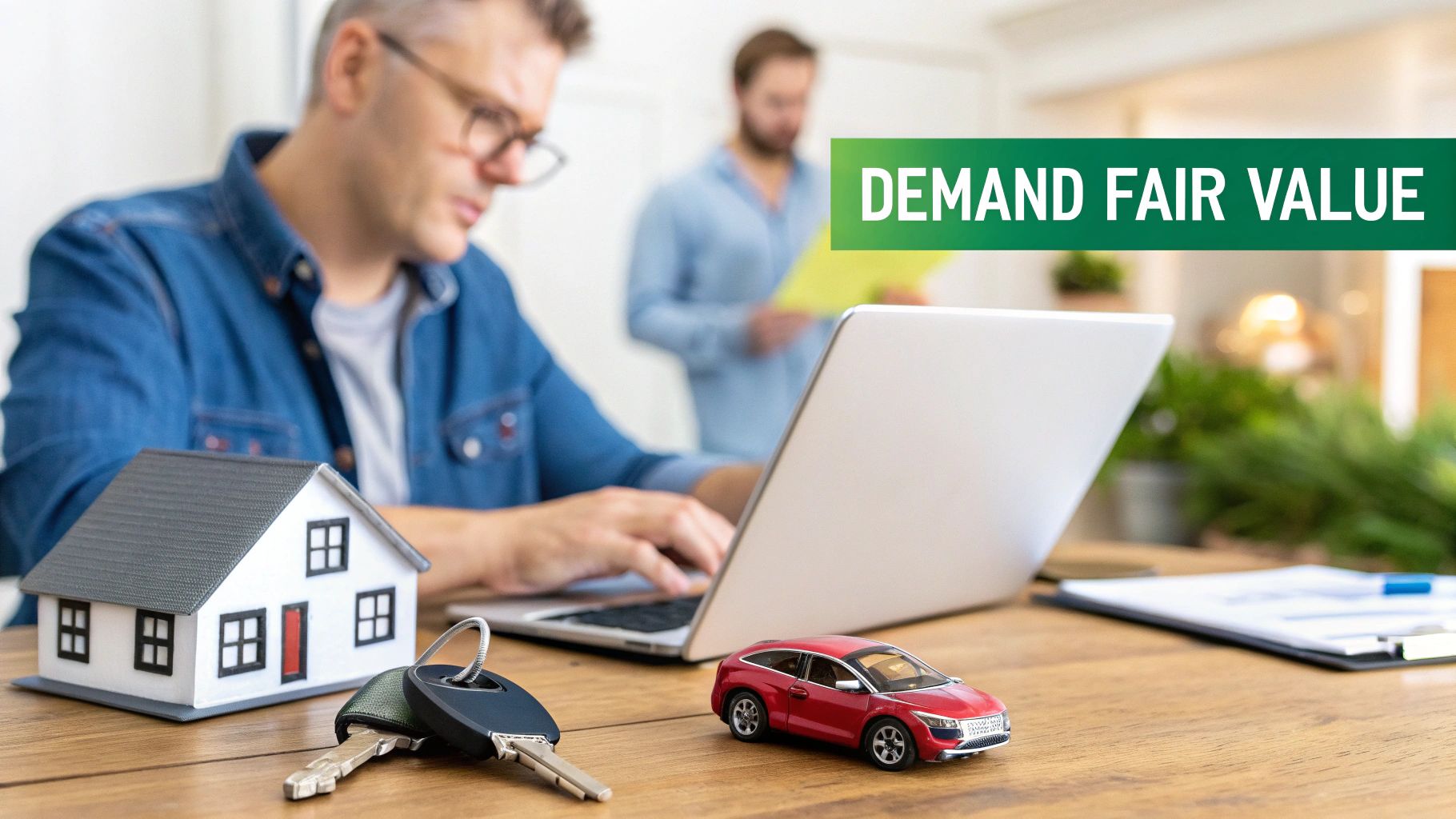 A man calculates property and vehicle value on a laptop with a house model, car, and keys.