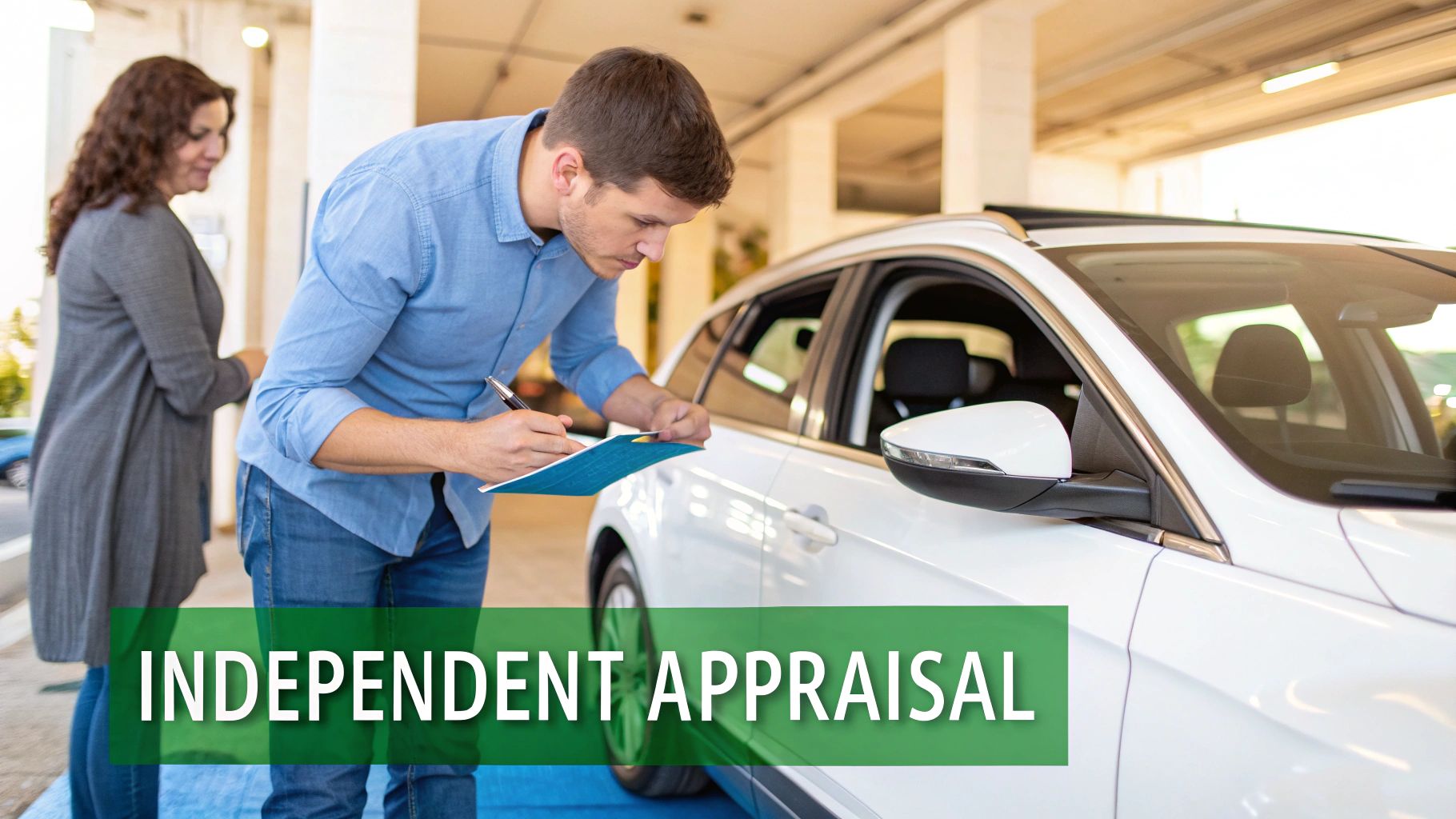 A man in a blue shirt inspects a white car, writing notes on a clipboard during an independent appraisal.