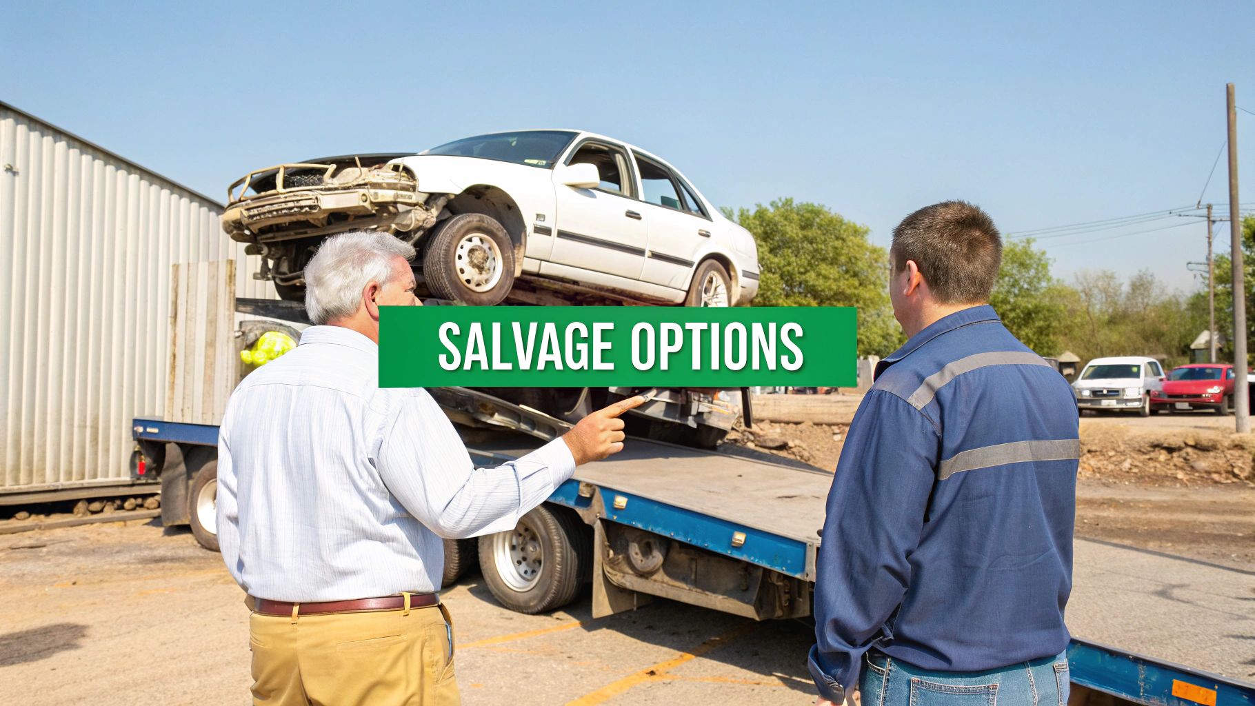 Men discussing 'Salvage Options' for a totaled white car on a flatbed truck.