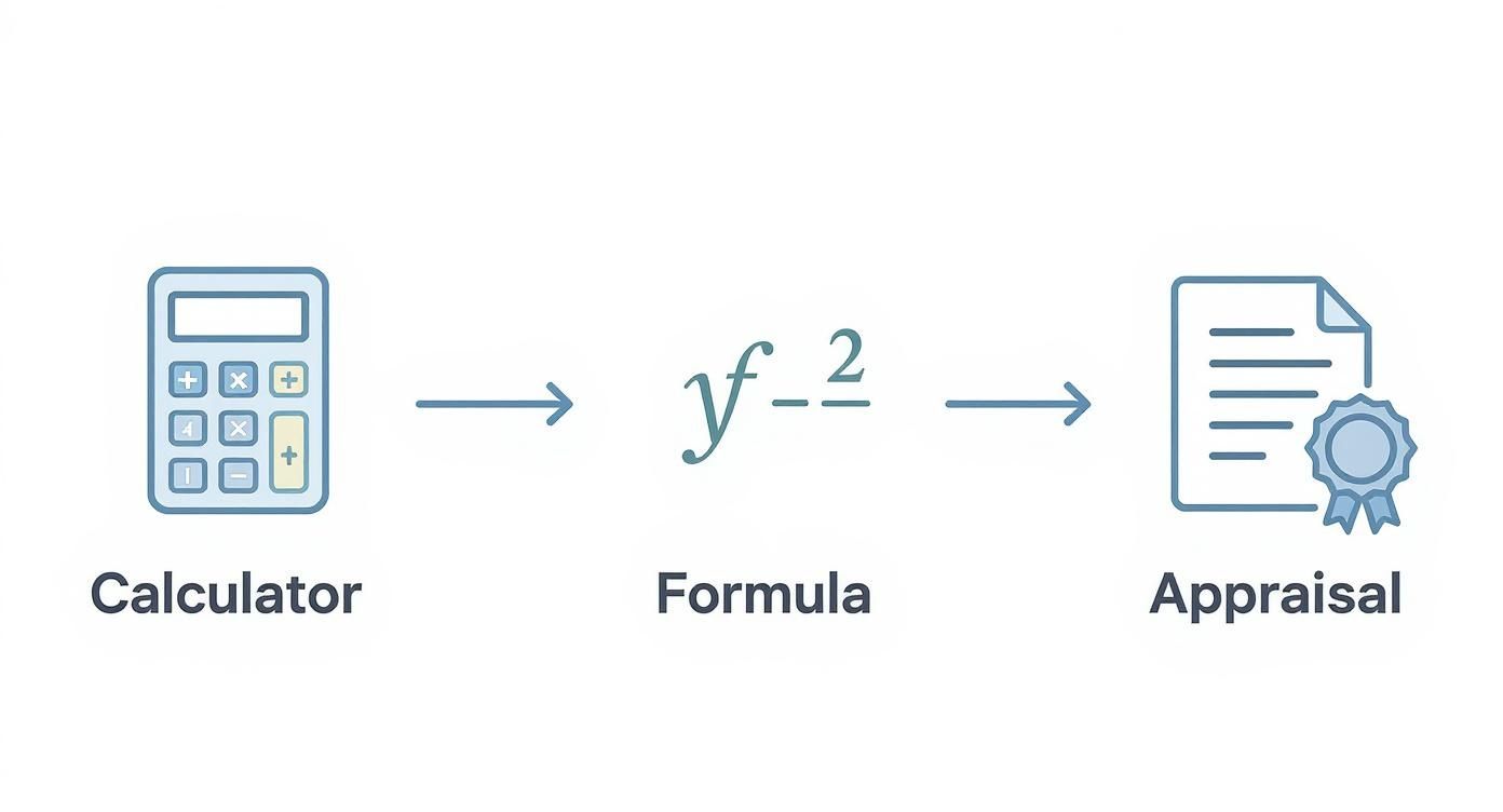 Infographic showing the process flow from a basic calculator to a formula and finally to a certified appraisal document.