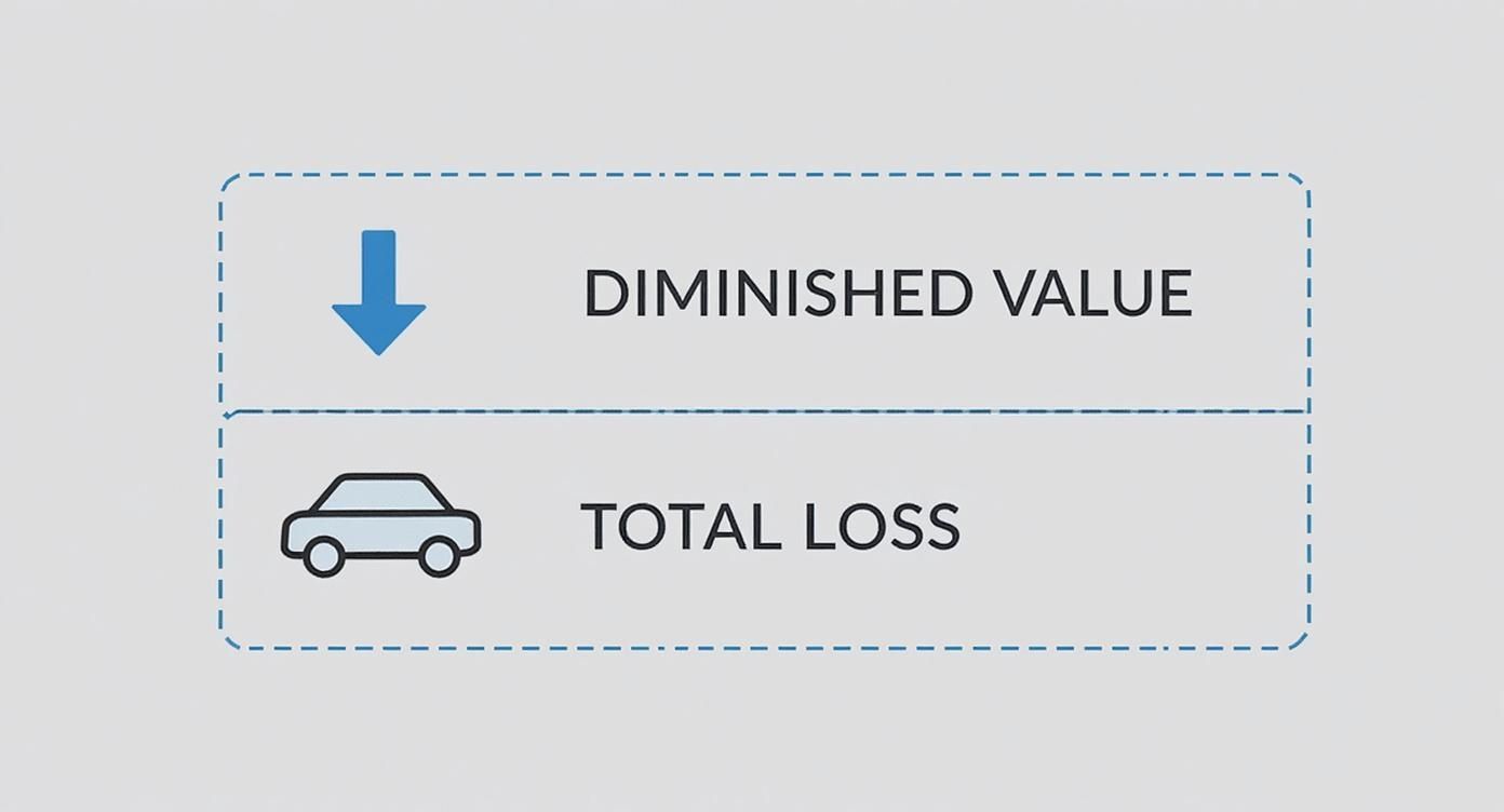 Diagram illustrating 'Diminished Value' with a downward arrow and 'Total Loss' with a car icon.