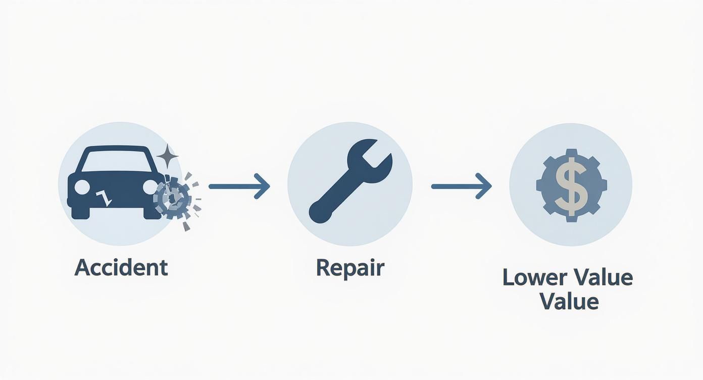 A diagram showing a car accident leading to repair and subsequent lower vehicle value.