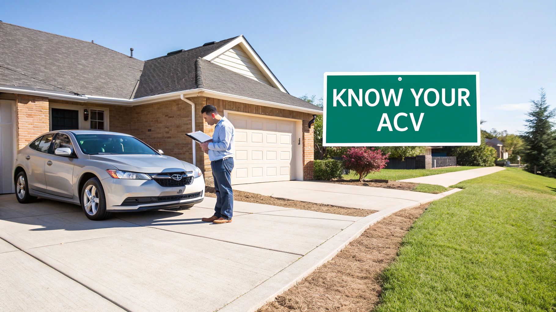 A man in a driveway inspecting a silver car, with a prominent 'KNOW YOUR ACV' sign.