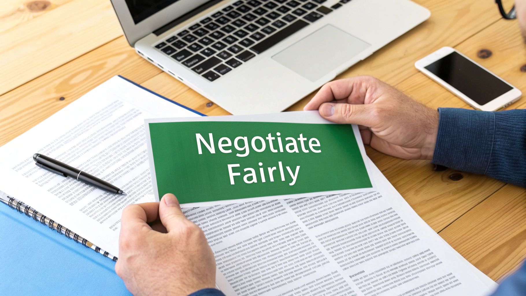 Hands hold a green 'Negotiate Fairly' sign over documents on a wooden desk.
