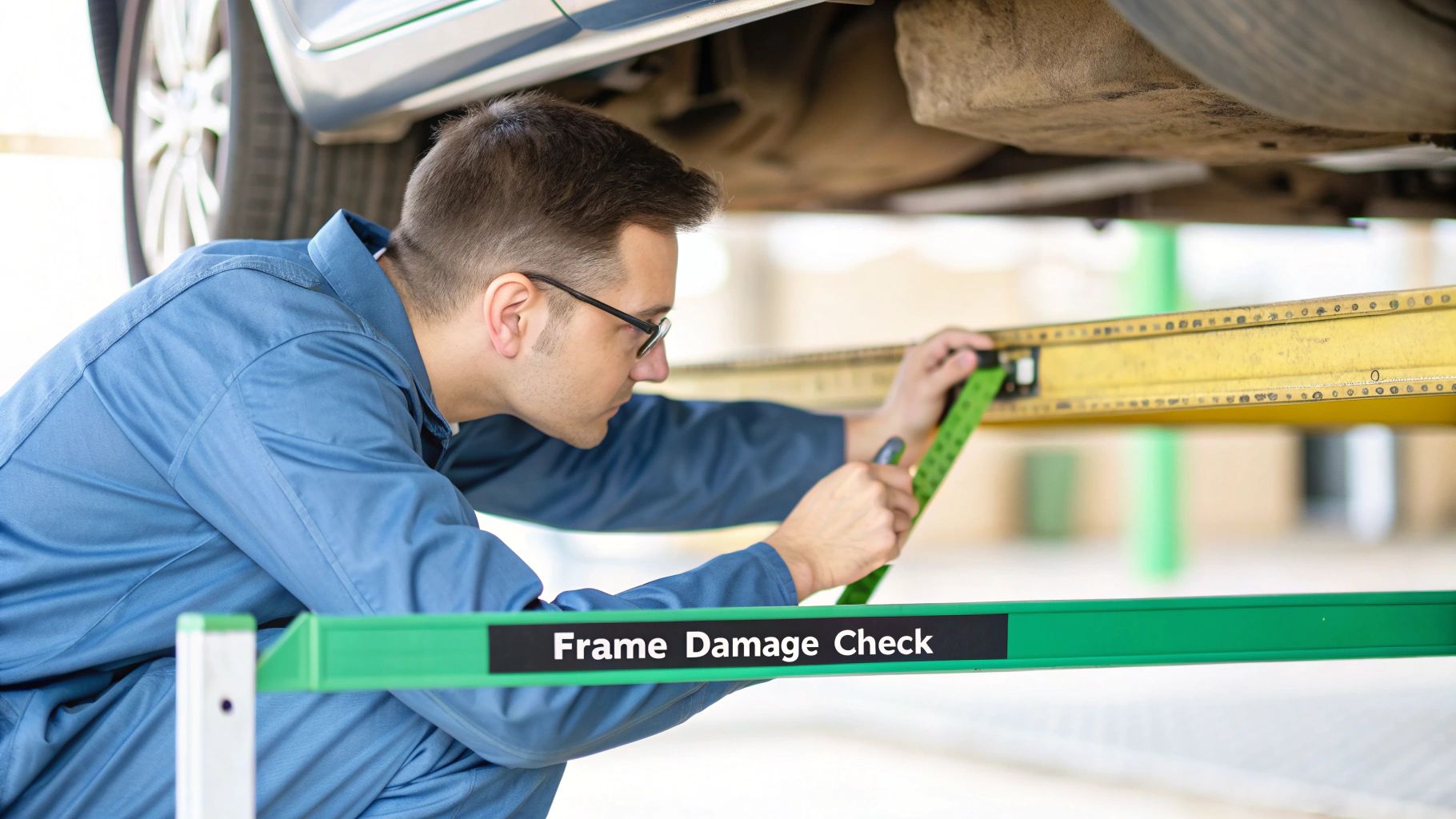 A mechanic in blue overalls and glasses meticulously measures a car's frame for damage during an inspection.