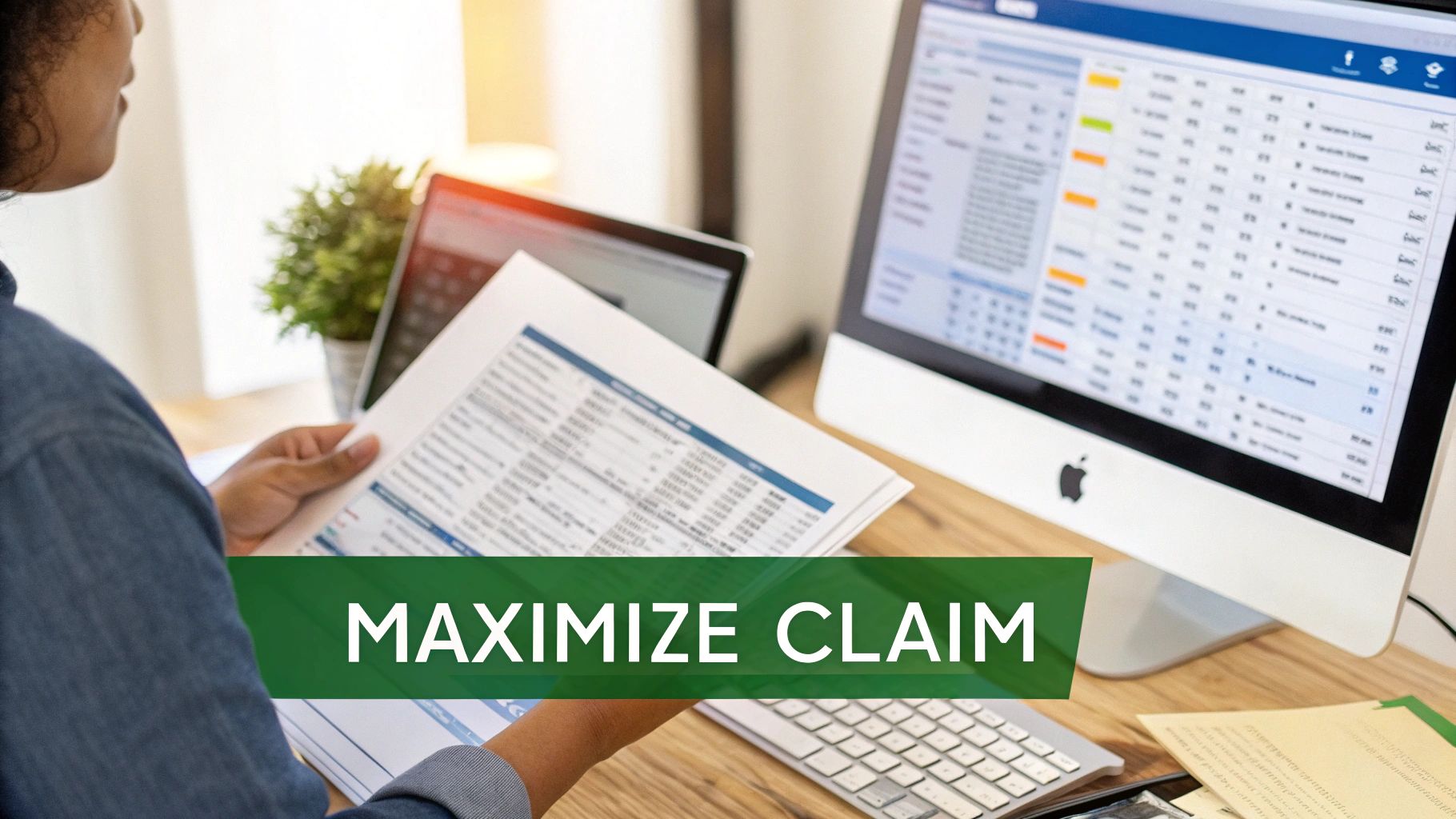 A professional reviewing a vehicle appraisal document with a car in the background