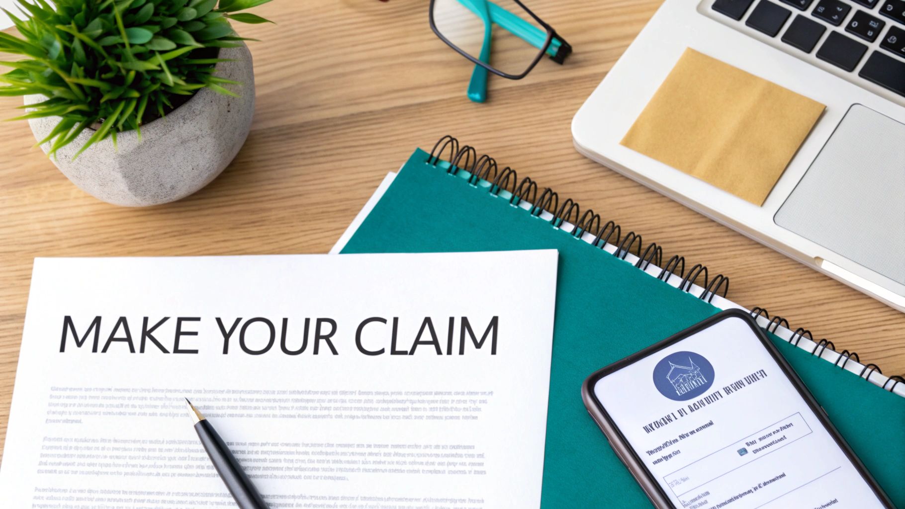 Overhead view of a desk with a 'MAKE YOUR CLAIM' document, laptop, smartphone, and plant.