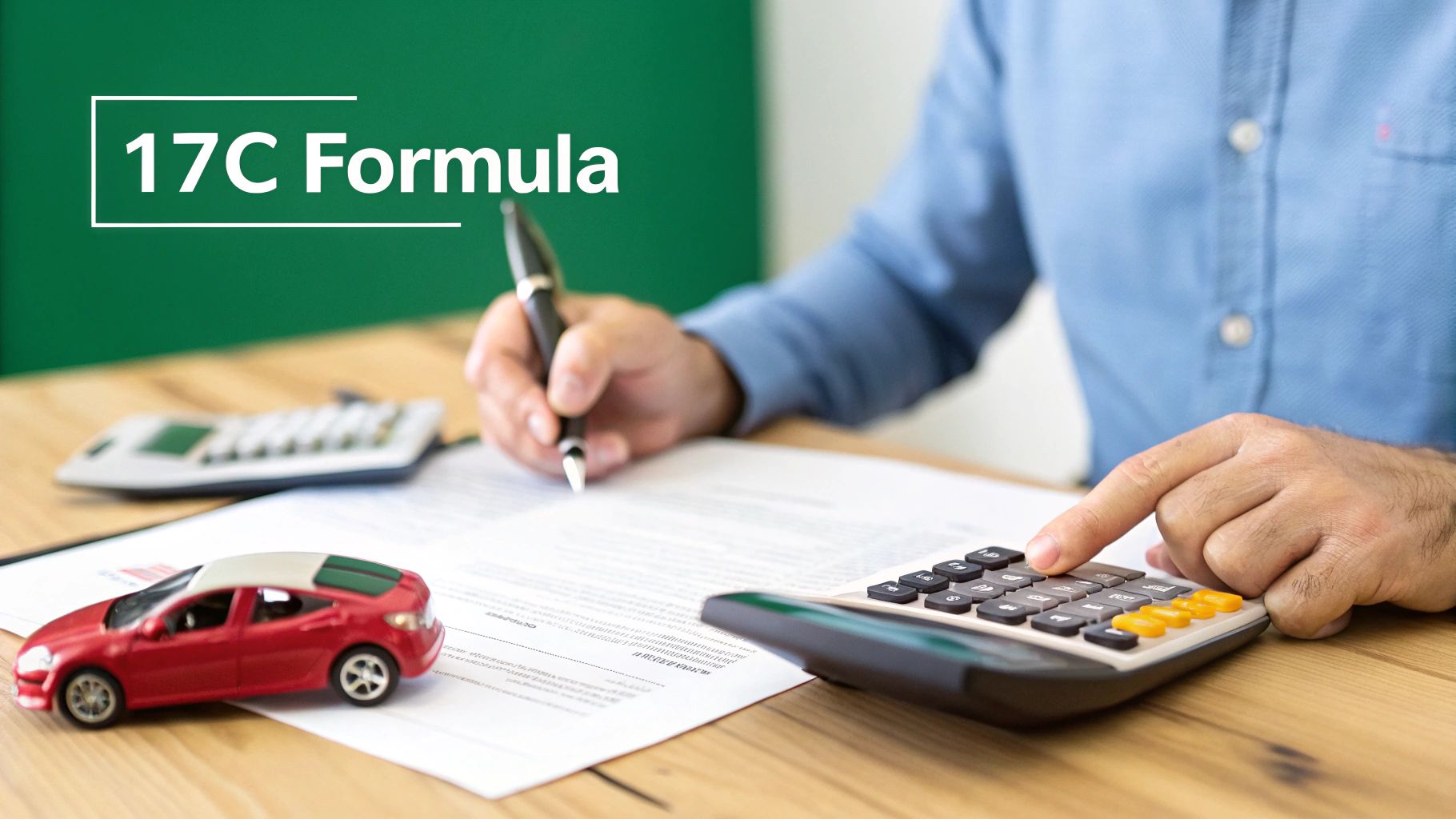 Person calculating car diminished value with 17C formula using calculator and documents