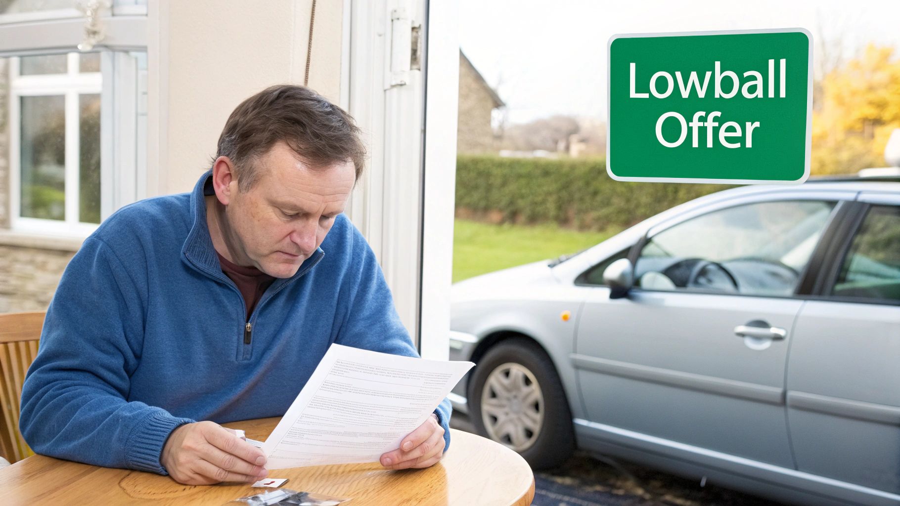 Man reviewing lowball insurance offer documents at home with car in driveway