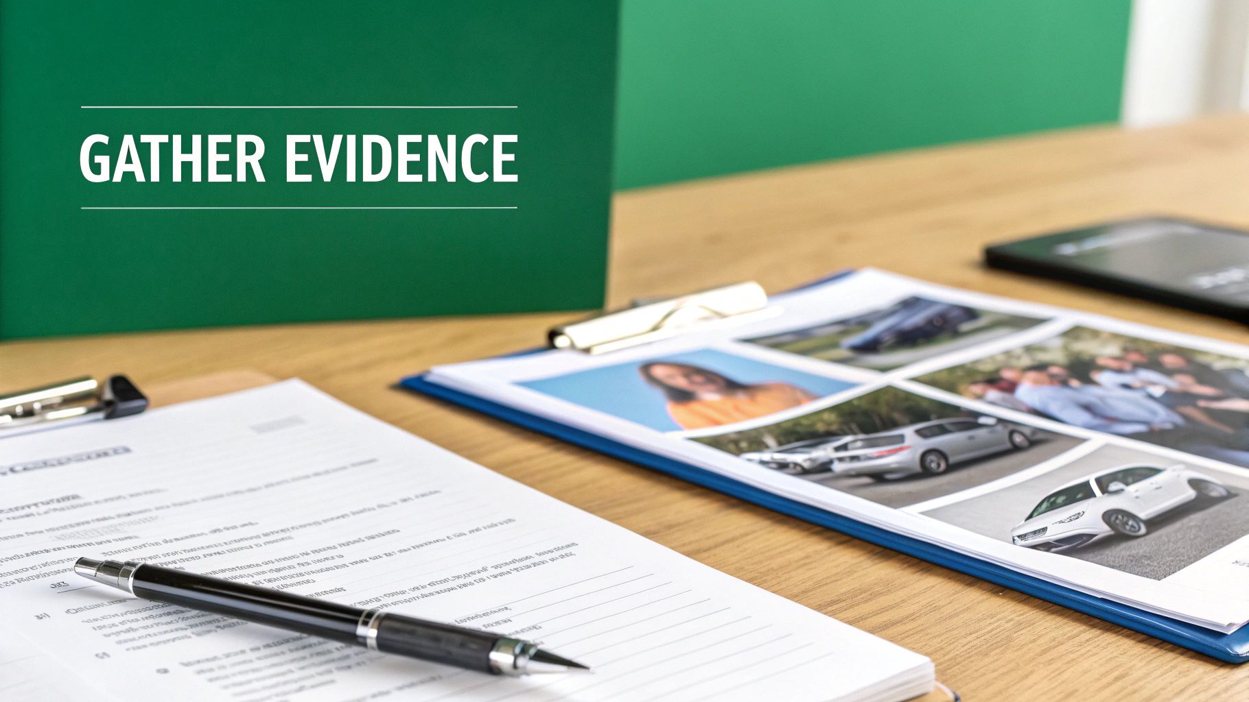 A person gathering documents like a police report and repair invoices on a desk.