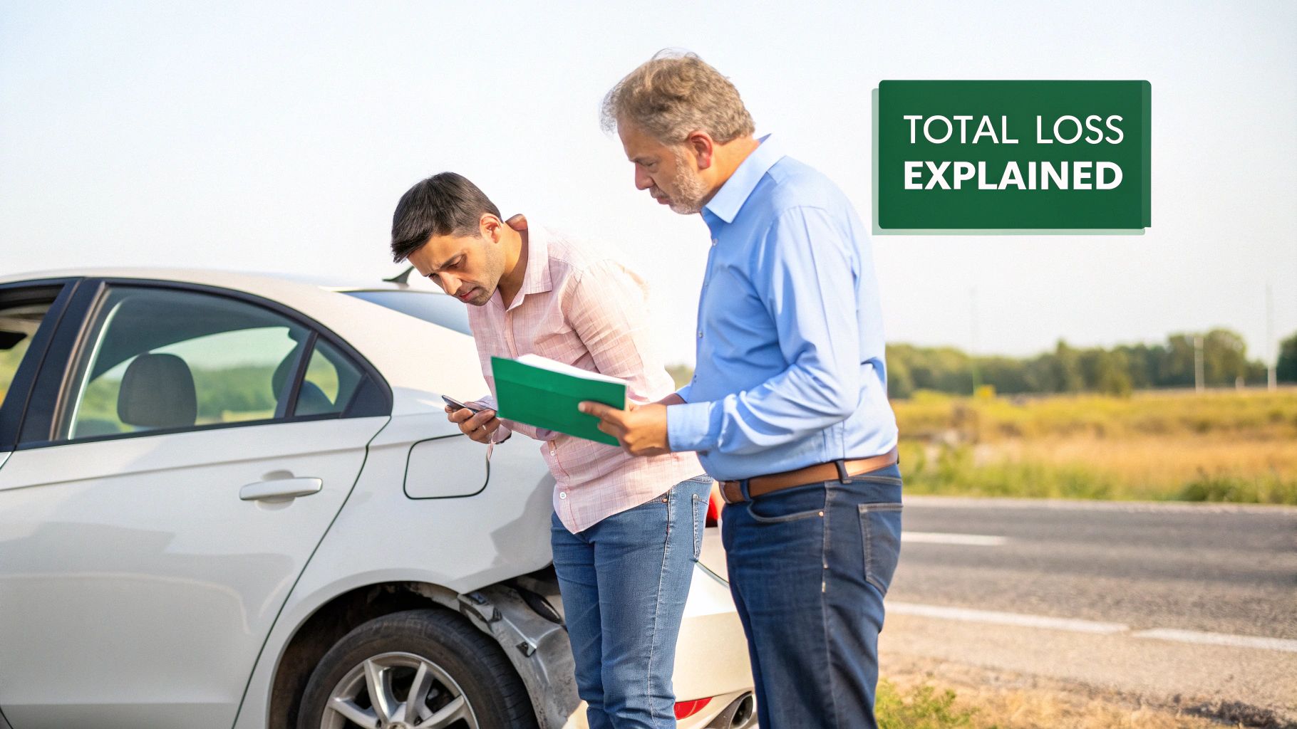 Two men examining a damaged white car by the roadside, discussing an insurance claim after an accident.