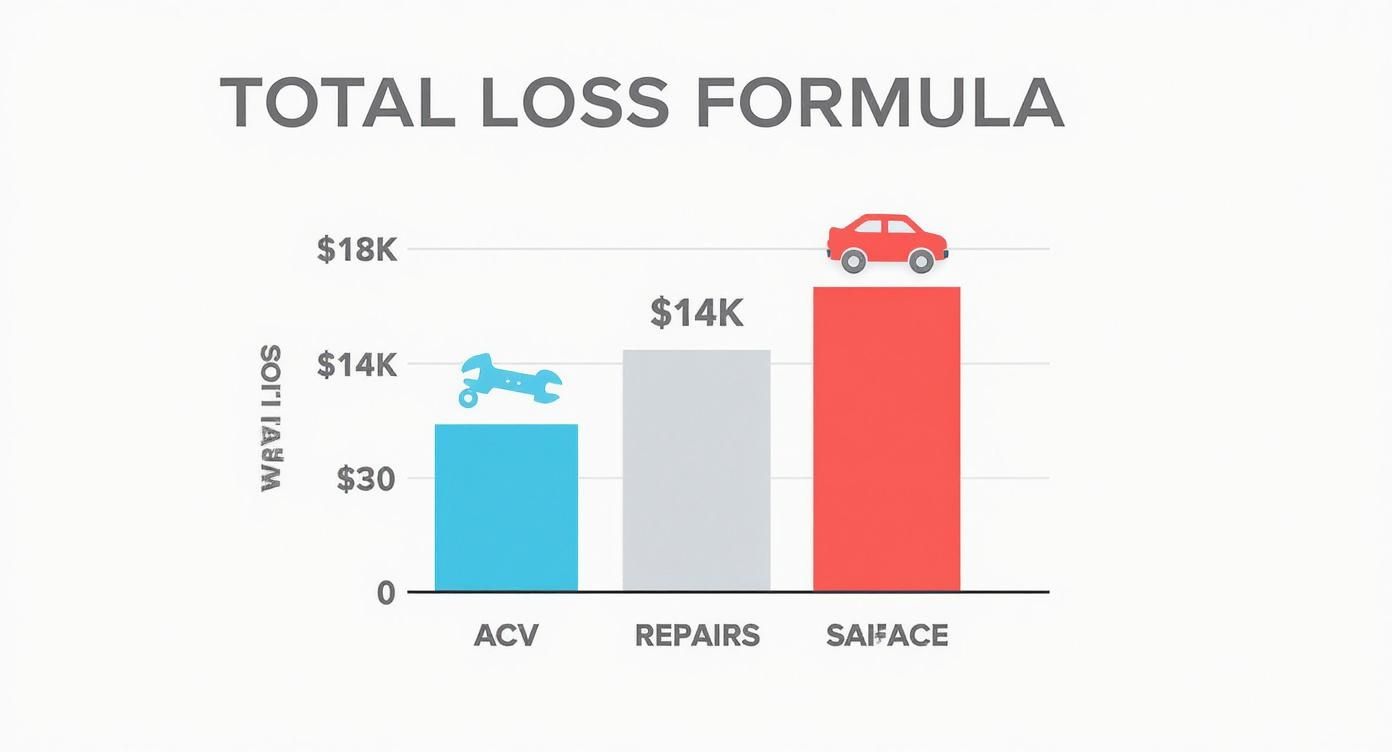 Infographic visualizing the total loss formula, comparing the car's Actual Cash Value to the sum of repair costs and salvage value.
