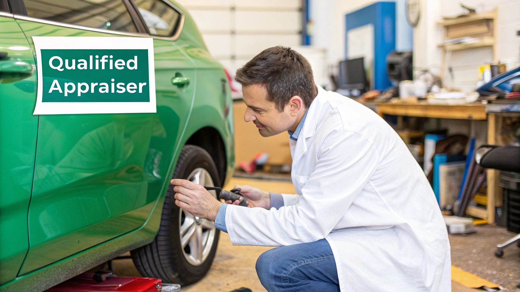 A certified auto appraiser examining a vehicle for damage.