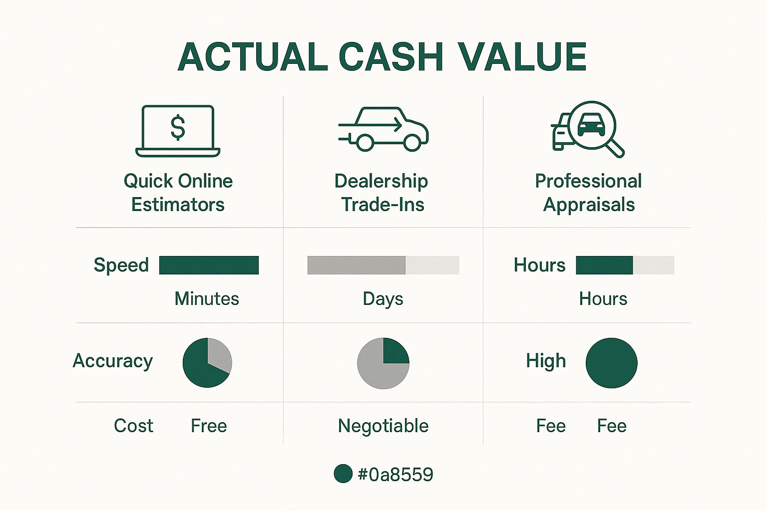 Infographic comparing online estimators, dealership trade-ins, and professional appraisals for car valuation