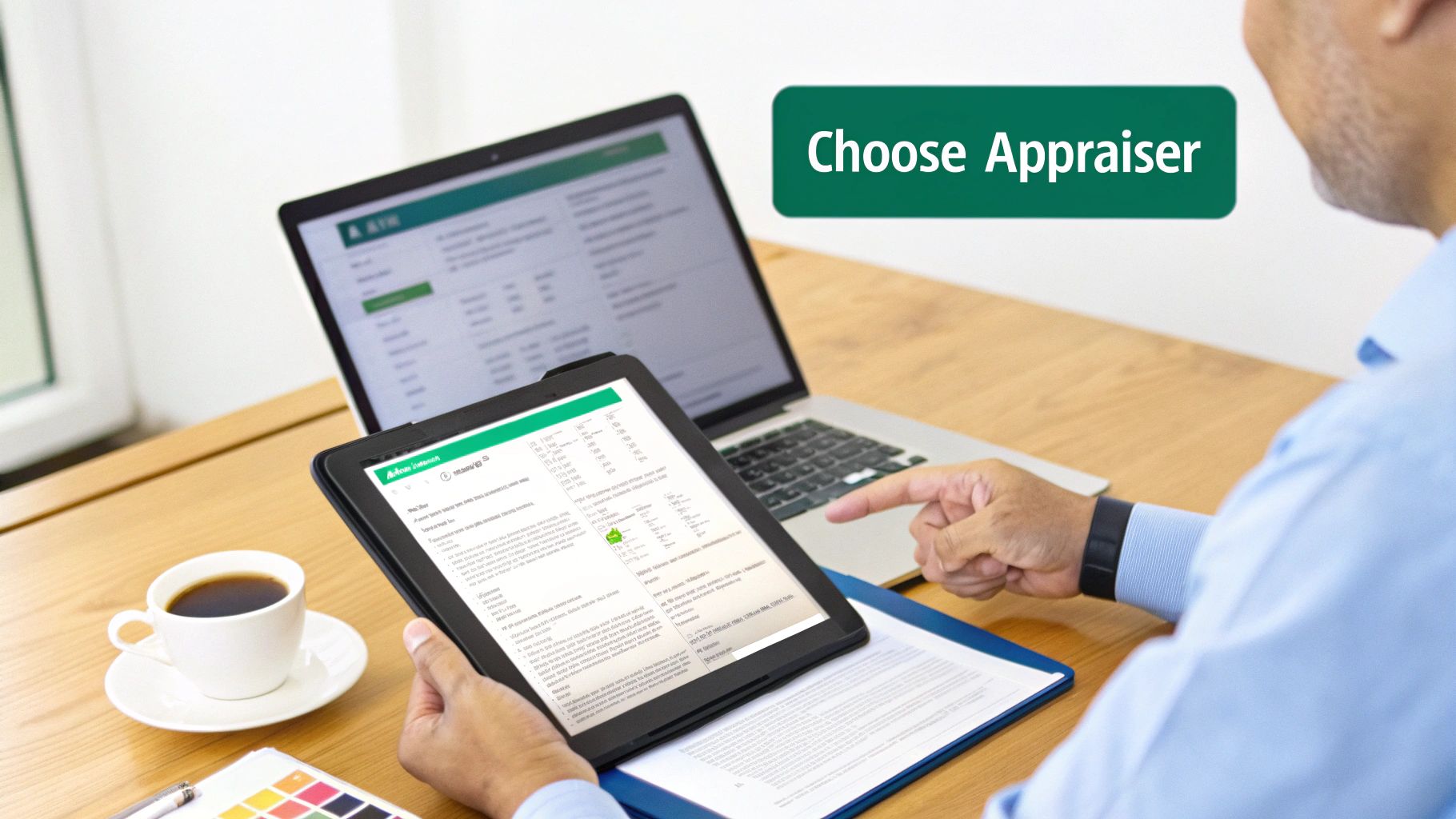 A man reviews appraisal documents on a tablet and laptop, choosing an appraiser, with a coffee cup nearby.
