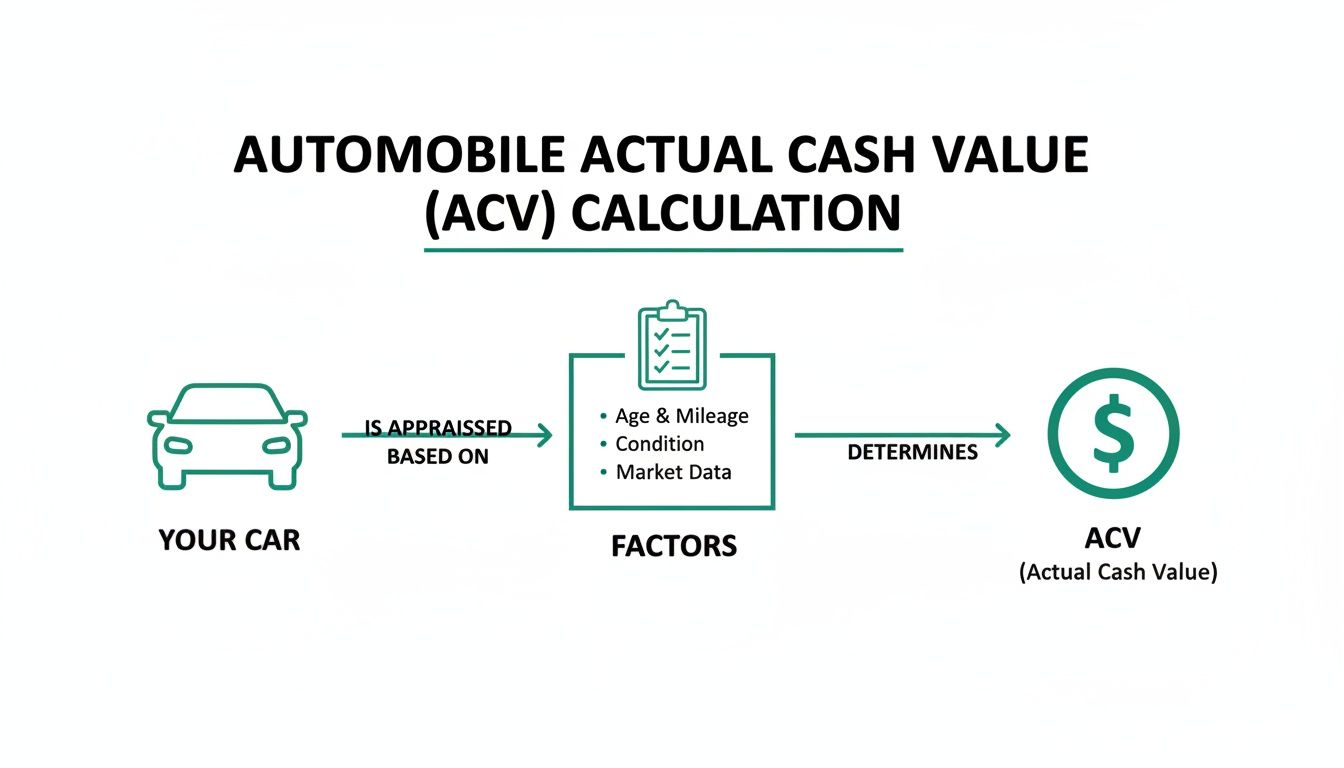 Diagram illustrating how automobile actual cash value (ACV) is calculated based on car factors.