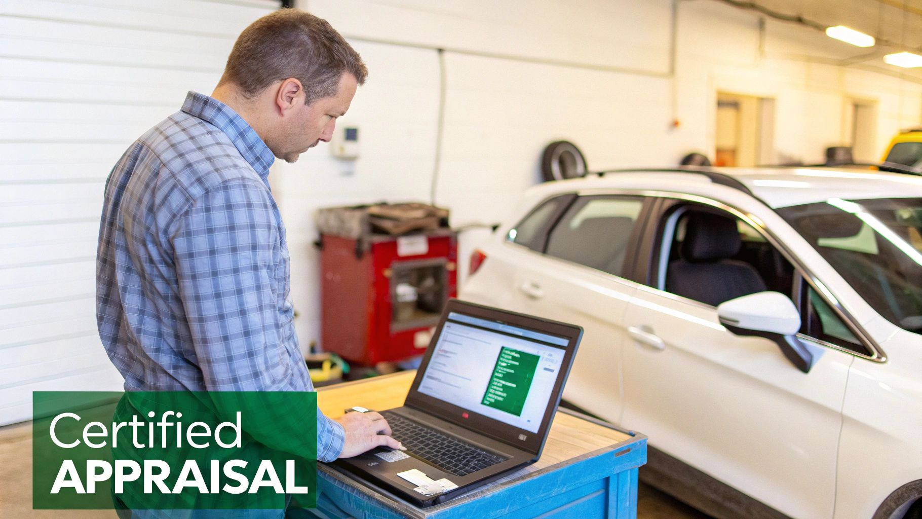 A man uses a laptop to perform a certified appraisal on a white car in a garage.