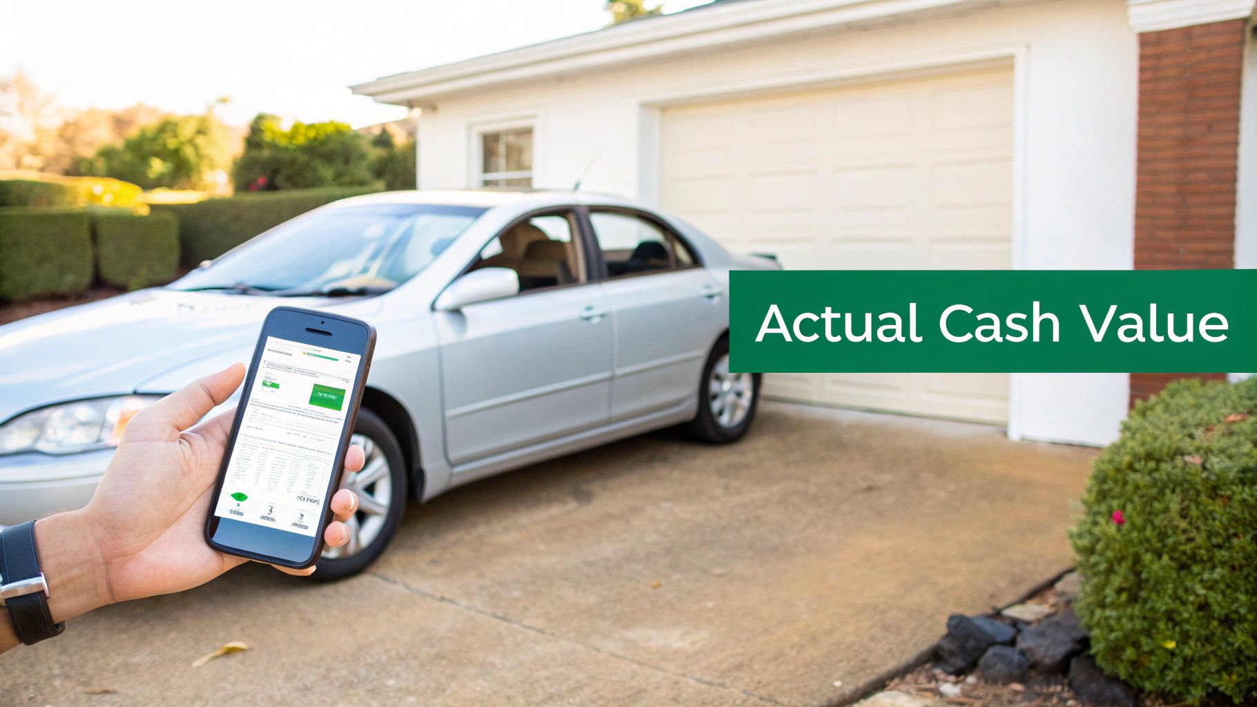 A hand holds a smartphone showing a car valuation app, with a silver car and garage in the background.