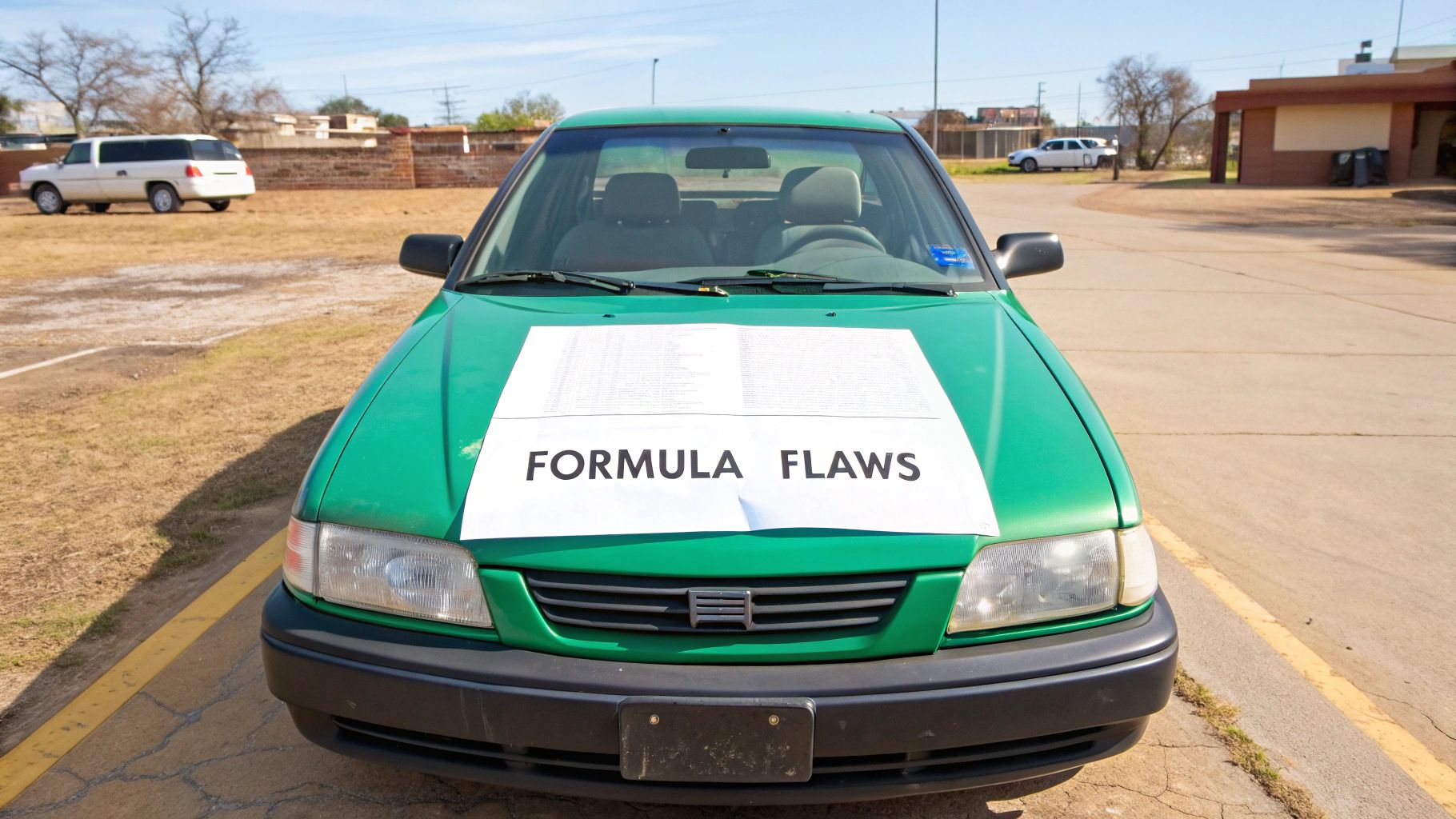 A green car with a "Formula Flaws" sign on its hood parked outdoors.
