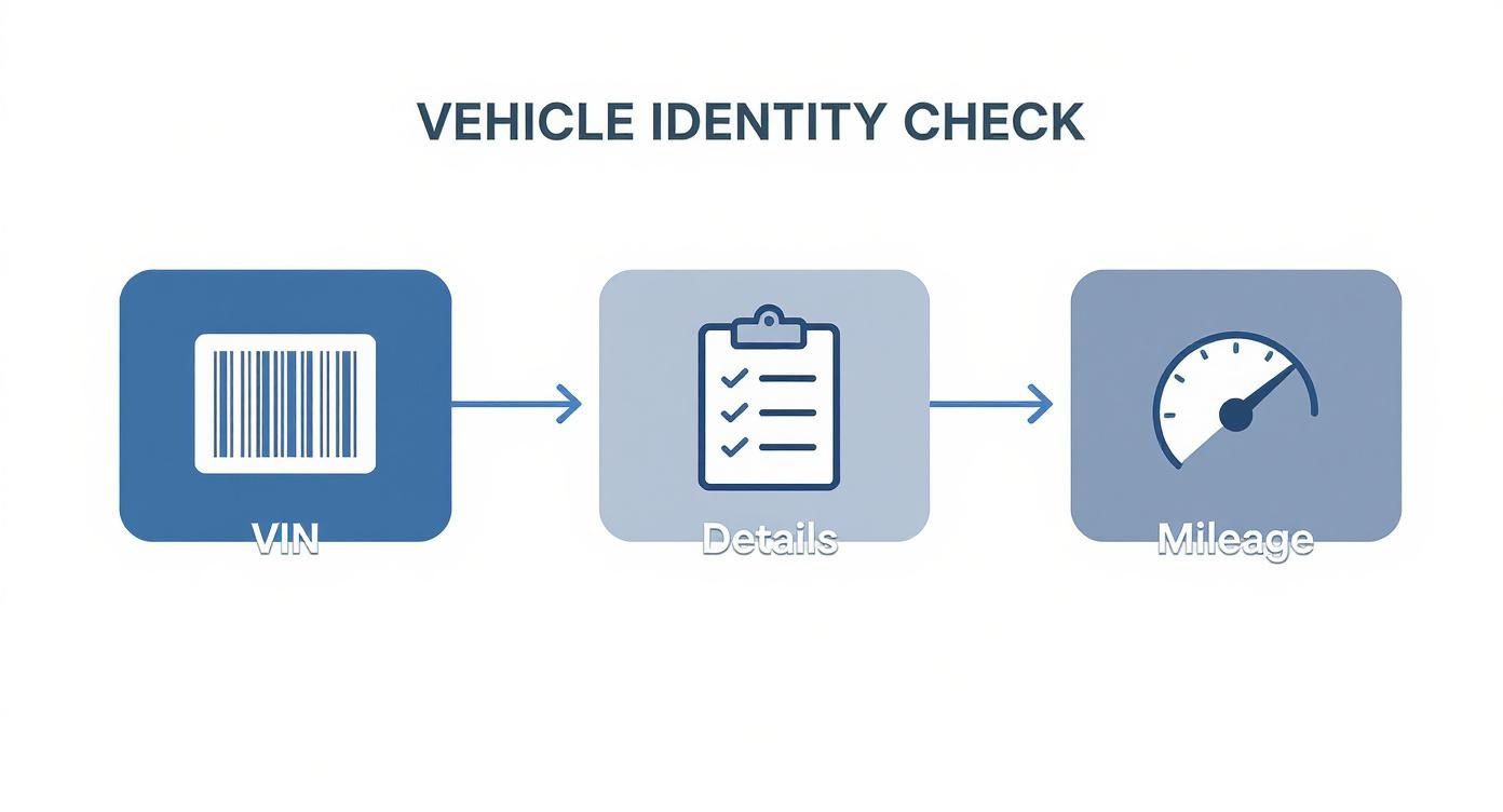 Infographic showing the vehicle identity check process with icons for VIN, Details, and Mileage.