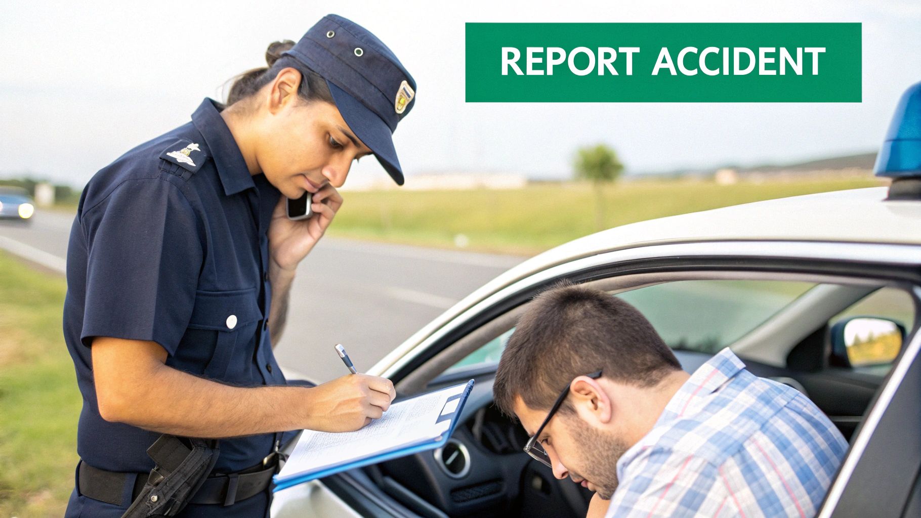 A police officer reports an accident, talking on phone and writing, while a man is in a car.