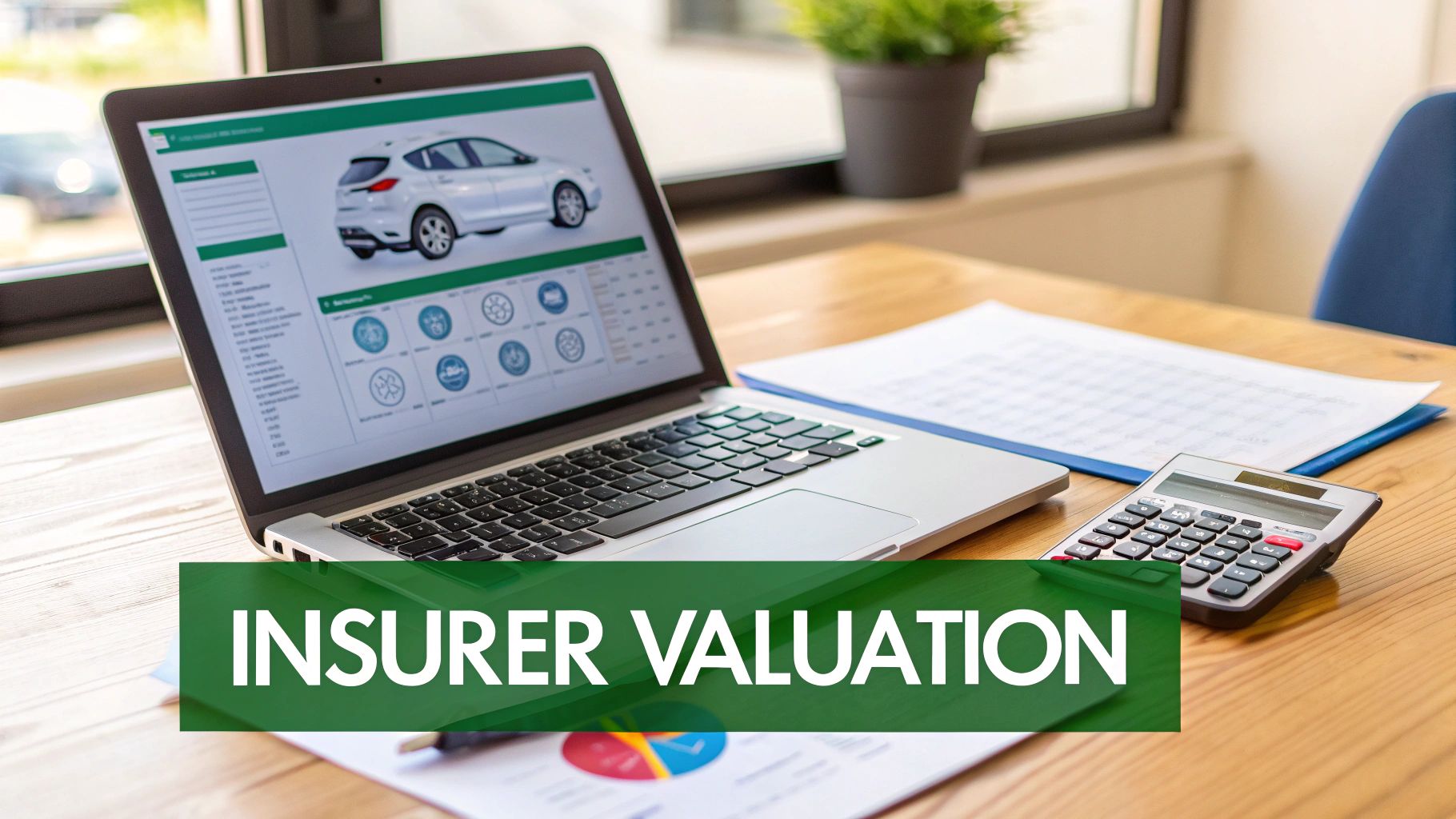 Laptop displaying car insurance valuation tools with calculator and documents on wooden desk