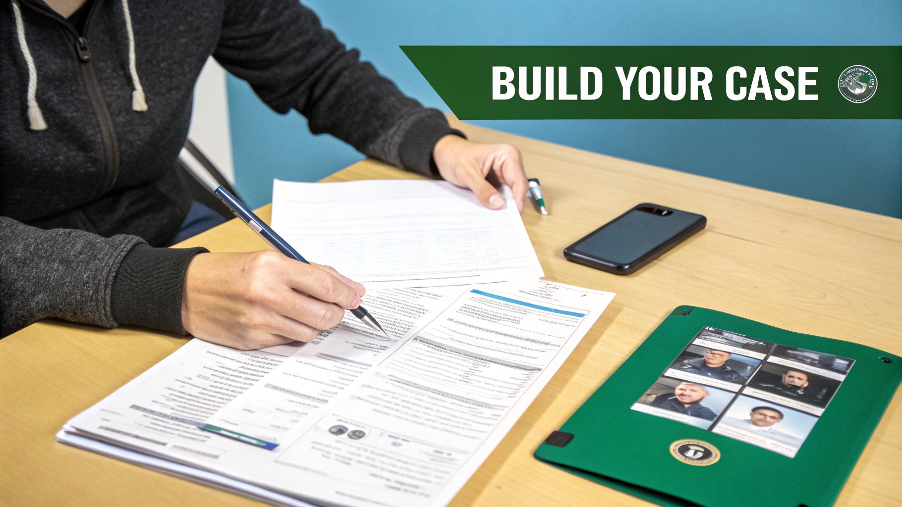A person reviewing claim documents and repair invoices at a desk.