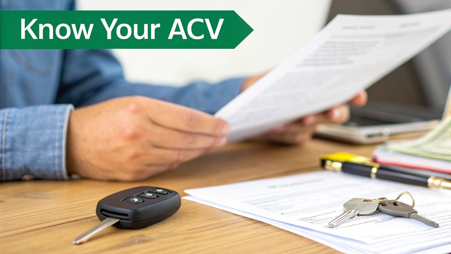 Person reviewing car insurance documents with a car key and house keys on a wooden table, about ACV.
