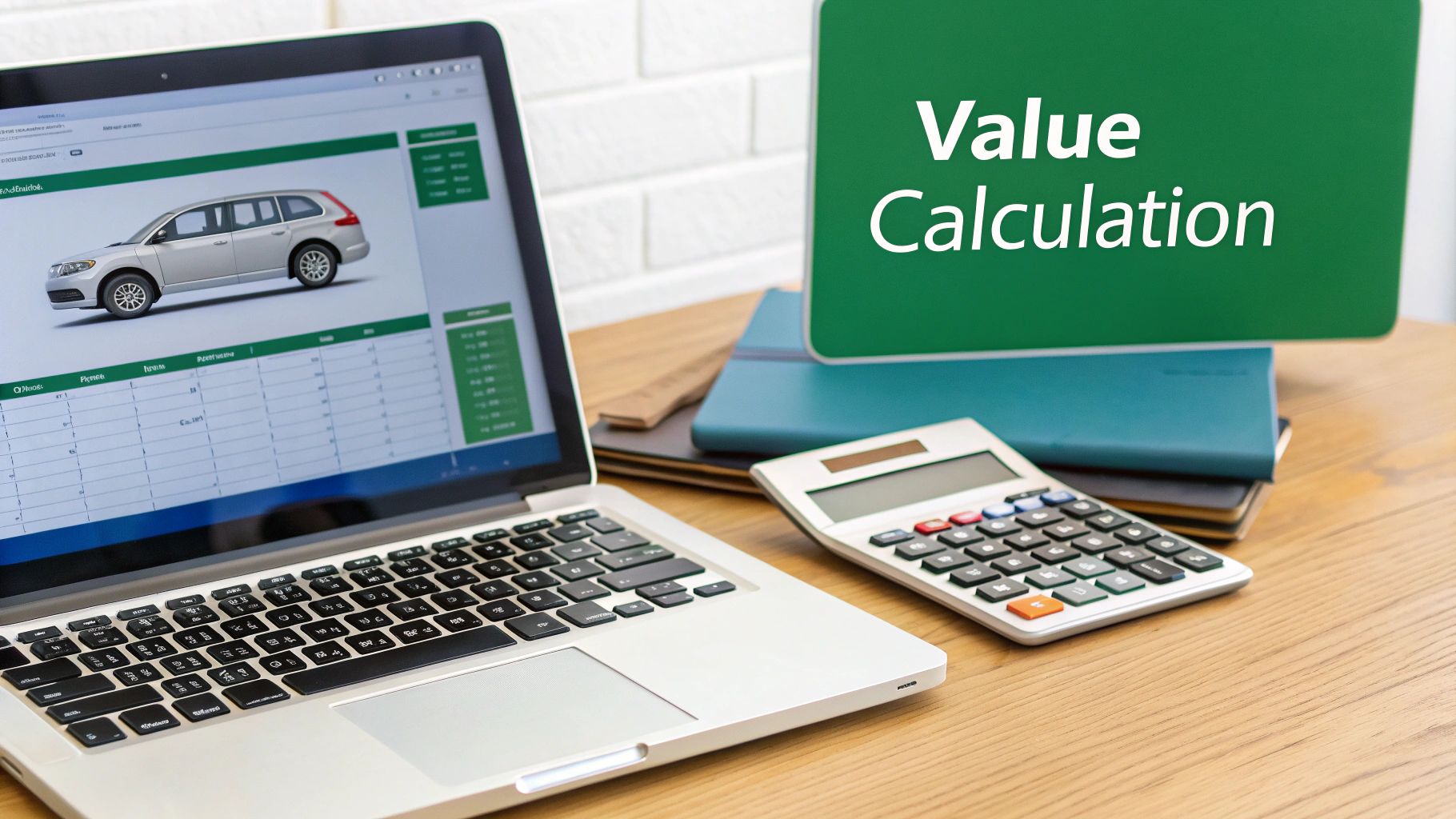 A laptop displaying a car and a spreadsheet, with a calculator and a 'Value Calculation' sign on a wooden desk.