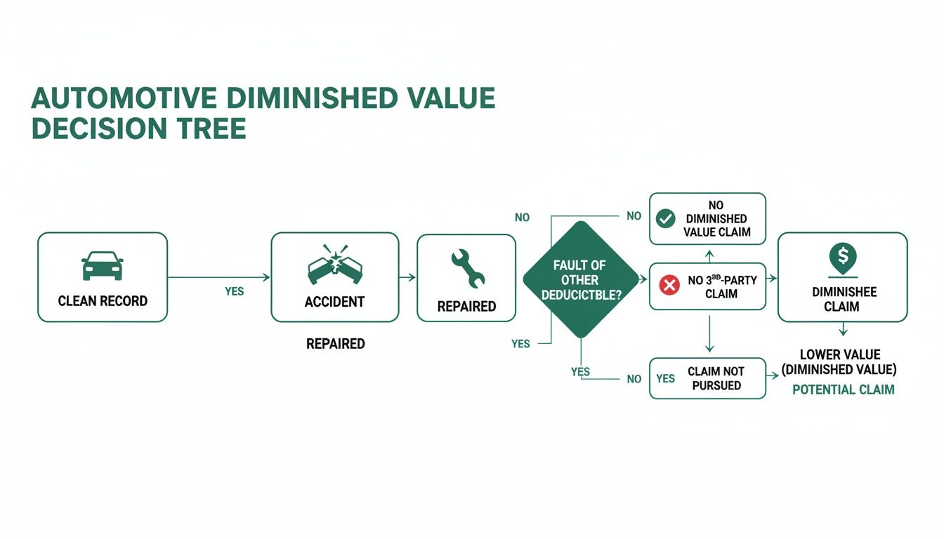 A decision tree flowchart illustrating the steps and conditions for an automotive diminished value claim.