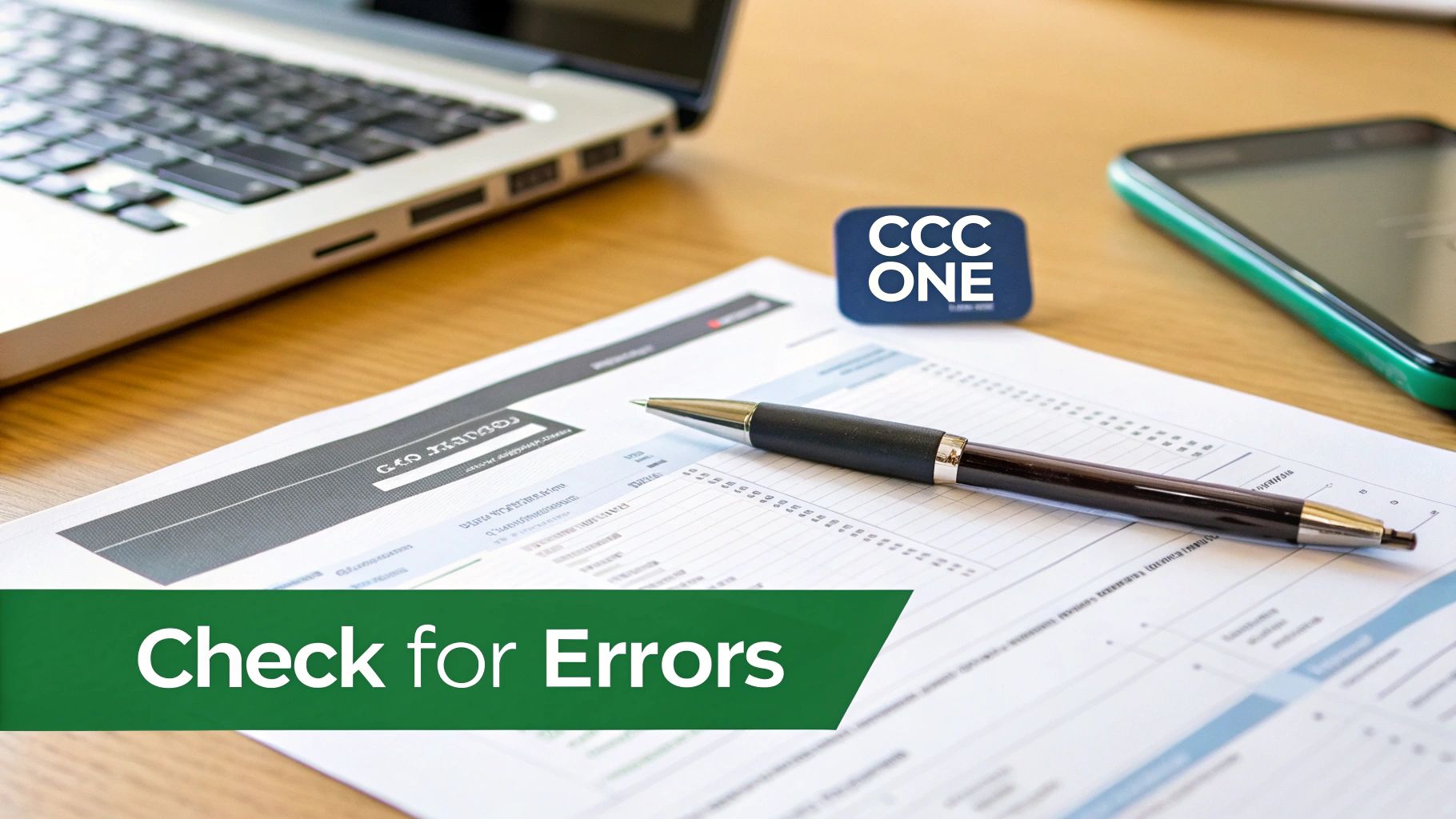 A pen rests on documents next to a laptop and smartphone, with a 'CCC ONE' logo and 'Check for Errors' banner.