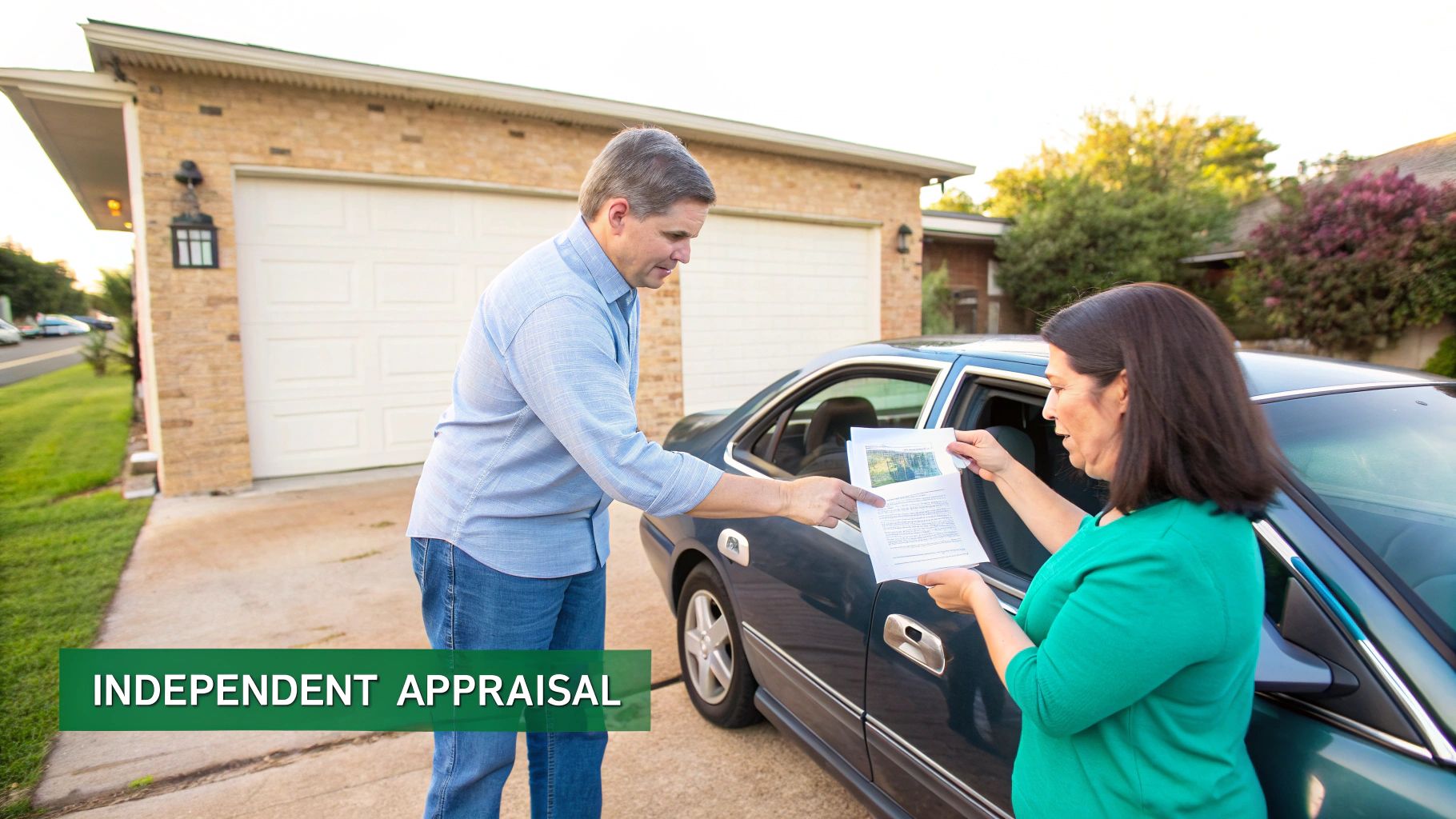 A man in a blue shirt gives car appraisal documents to a woman in a green shirt.