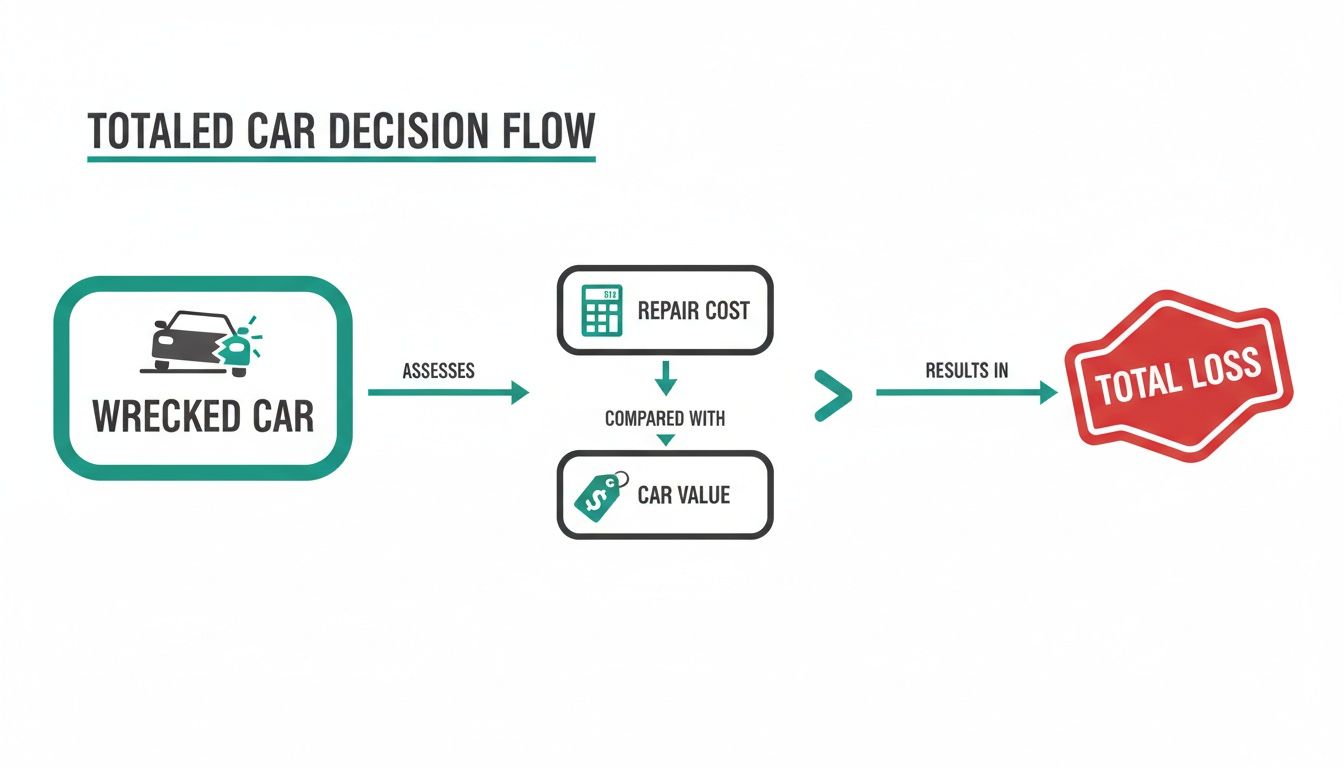 Diagram illustrating the totaled car decision flow, comparing repair cost with car value.