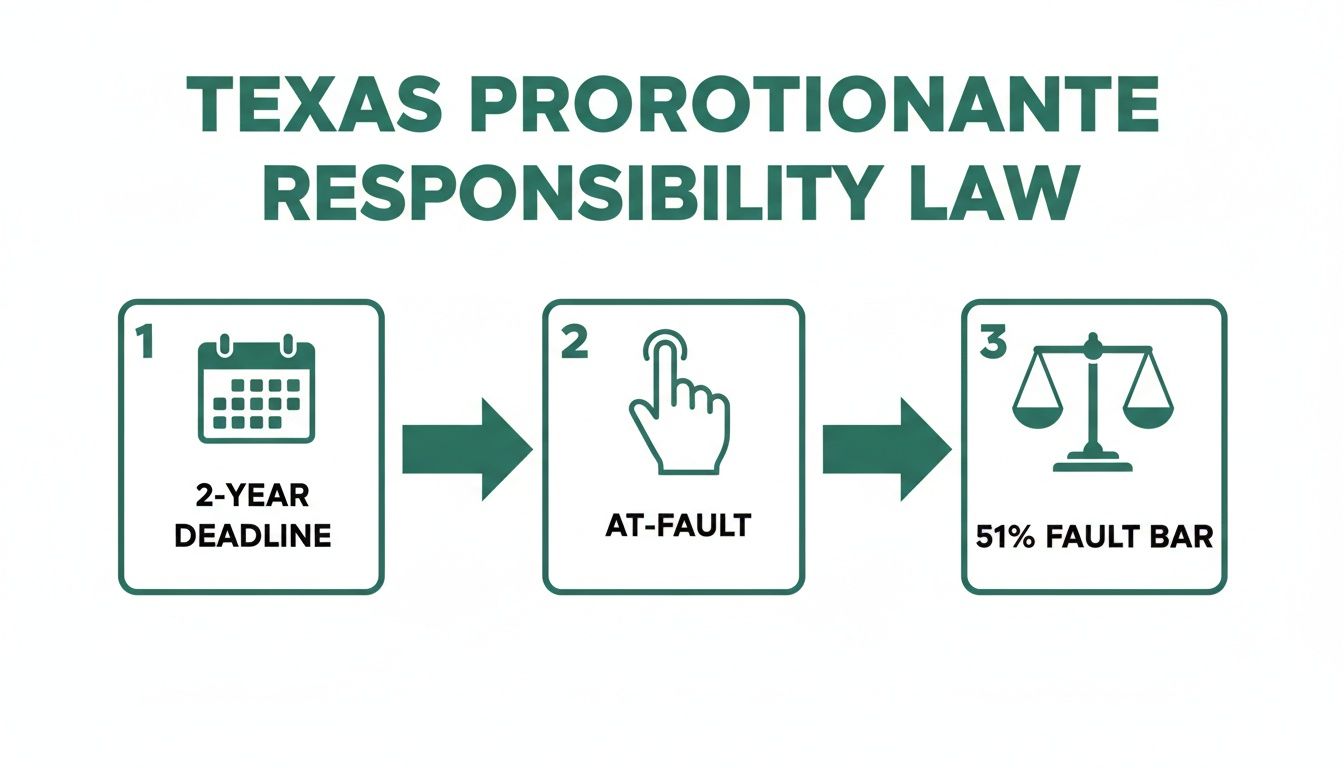 Infographic explaining Texas Proportionate Responsibility Law, detailing a 2-year deadline, at-fault determination, and a 51% fault bar.