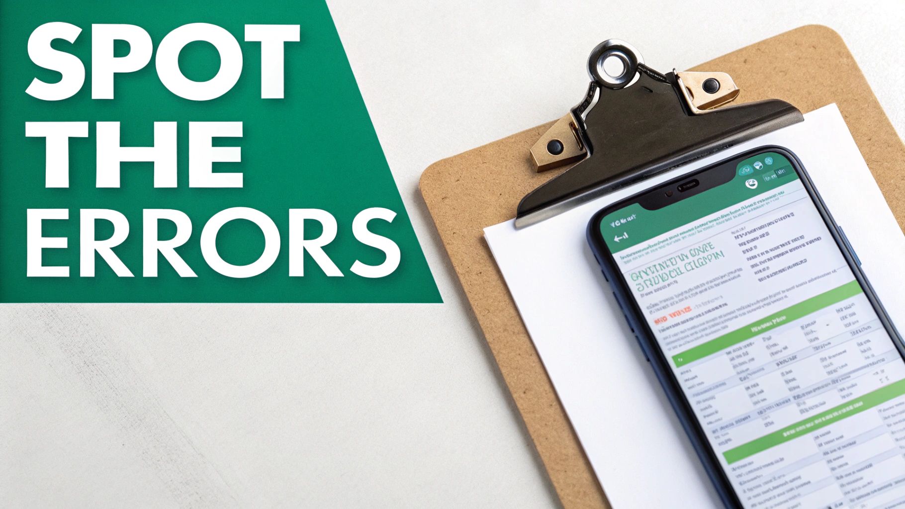A green banner with 'SPOT THE ERRORS' text next to a clipboard holding a smartphone displaying a document.
