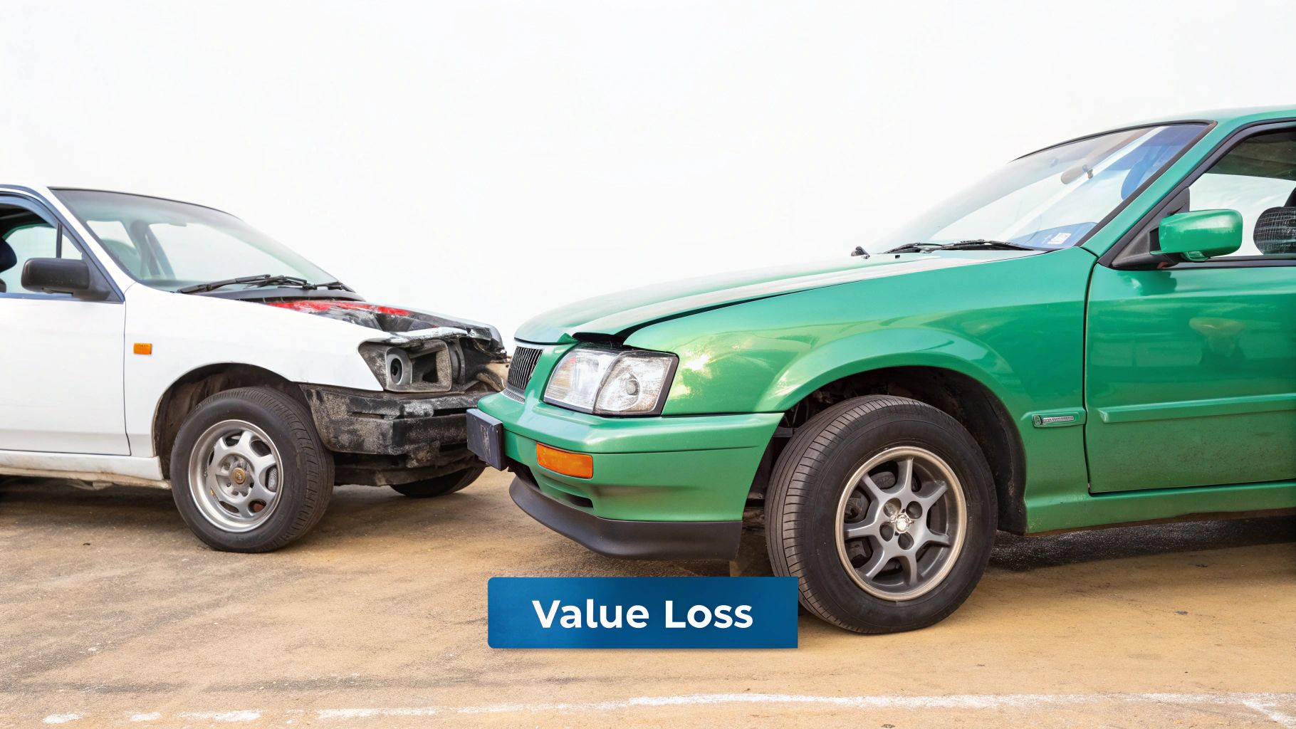 A split image showing a pristine car on one side and the same car with visible accident damage on the other.